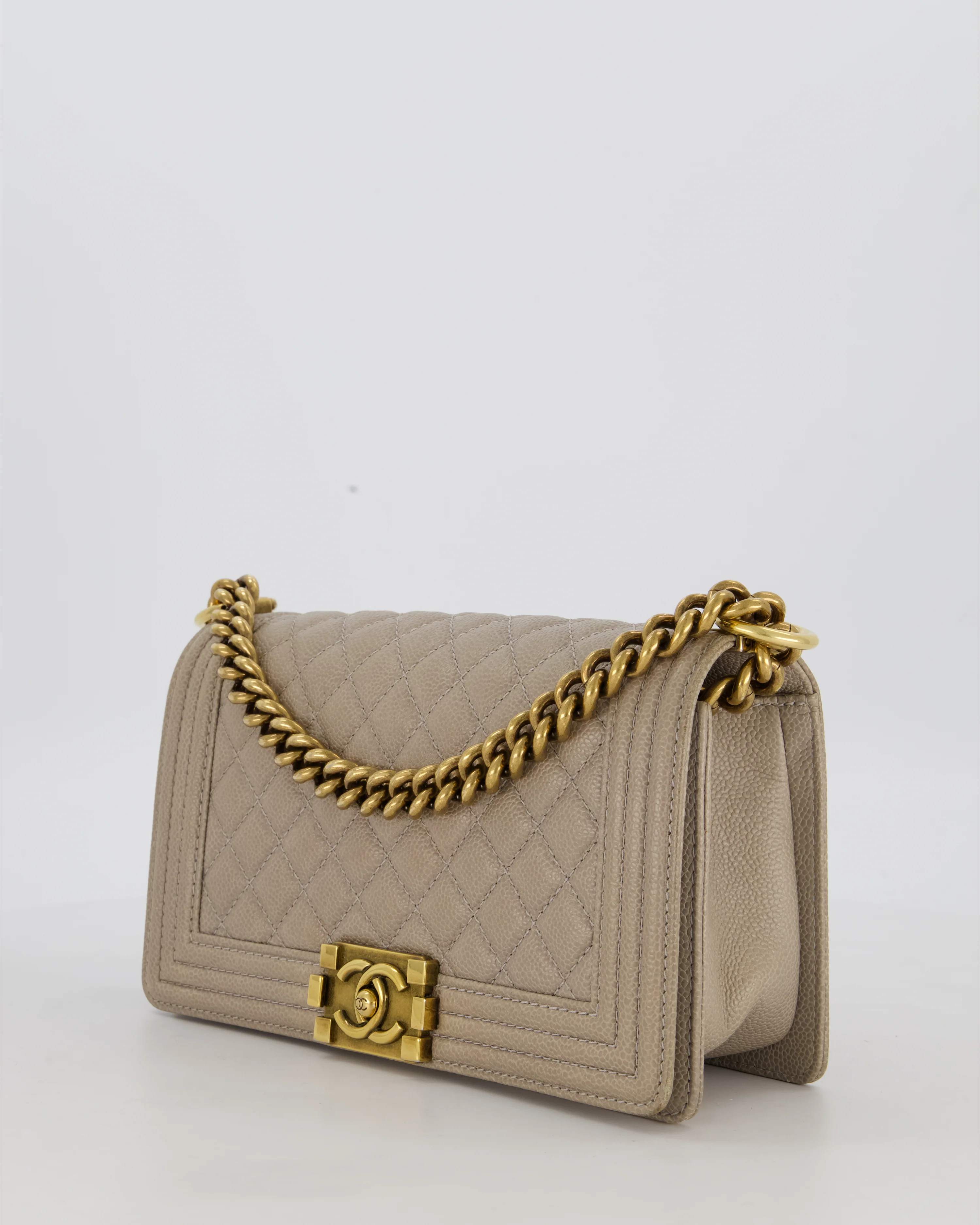 Chanel Light Taupe Grey Medium Boy Bag in Caviar Leather with Antique Gold Hardware - Image 10