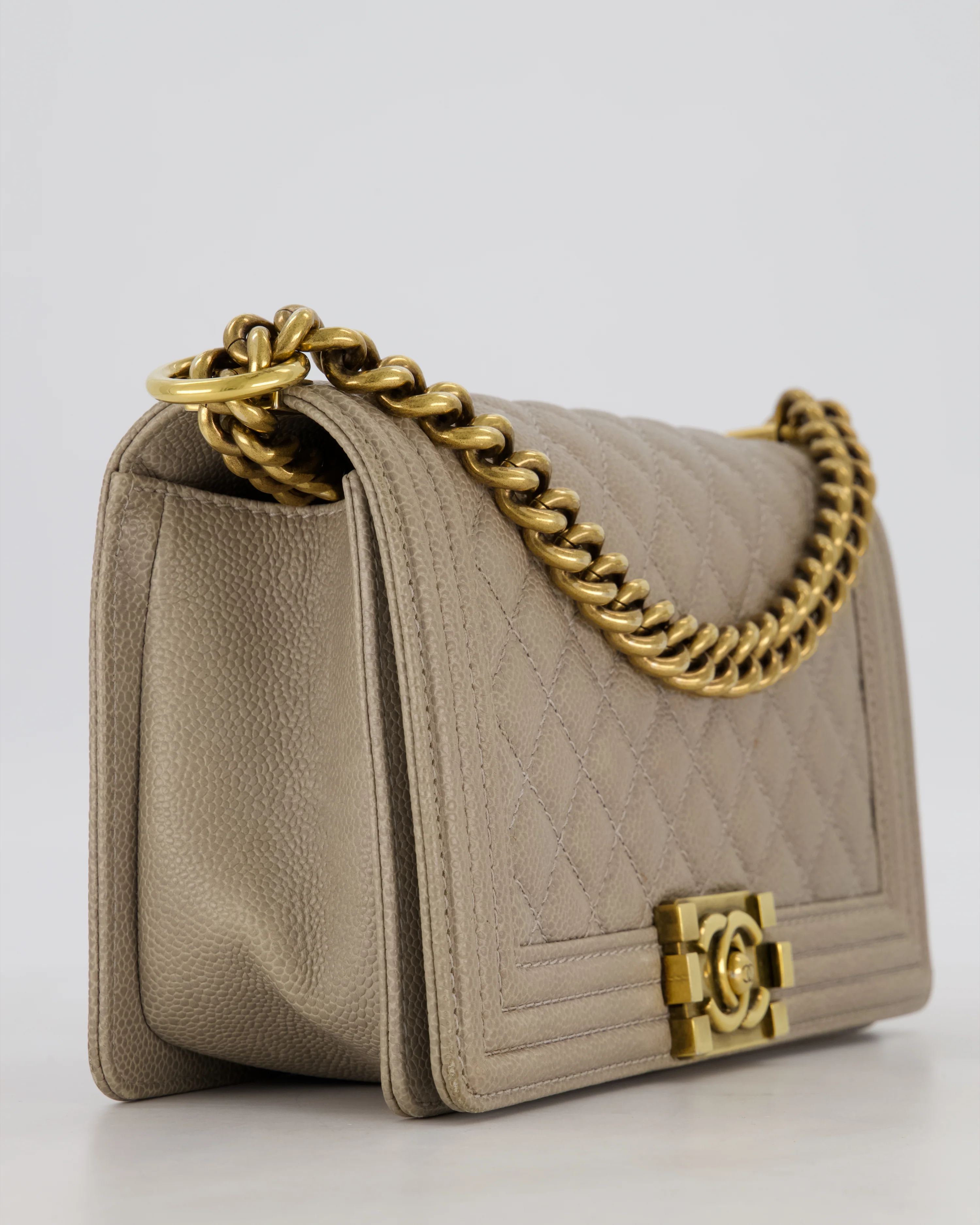 Chanel Light Taupe Grey Medium Boy Bag in Caviar Leather with Antique Gold Hardware - Image 11