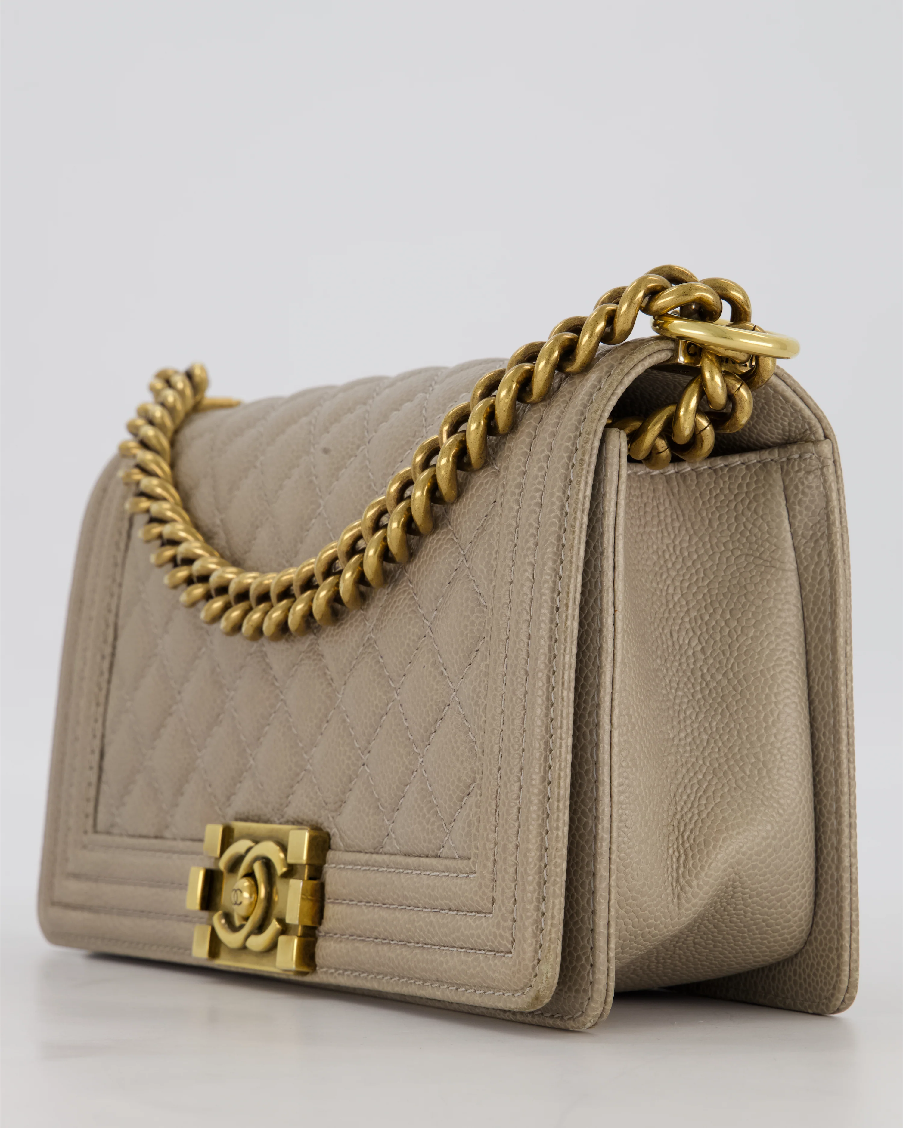Chanel Light Taupe Grey Medium Boy Bag in Caviar Leather with Antique Gold Hardware - Image 12