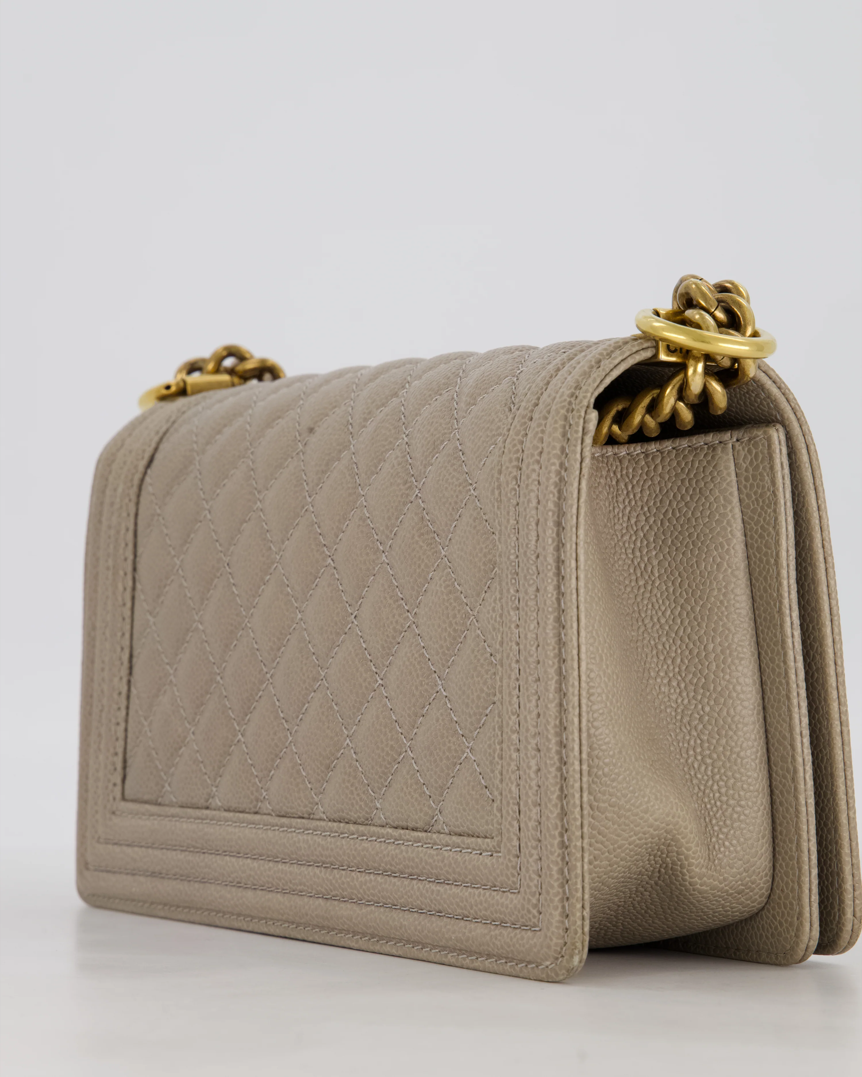 Chanel Light Taupe Grey Medium Boy Bag in Caviar Leather with Antique Gold Hardware - Image 13