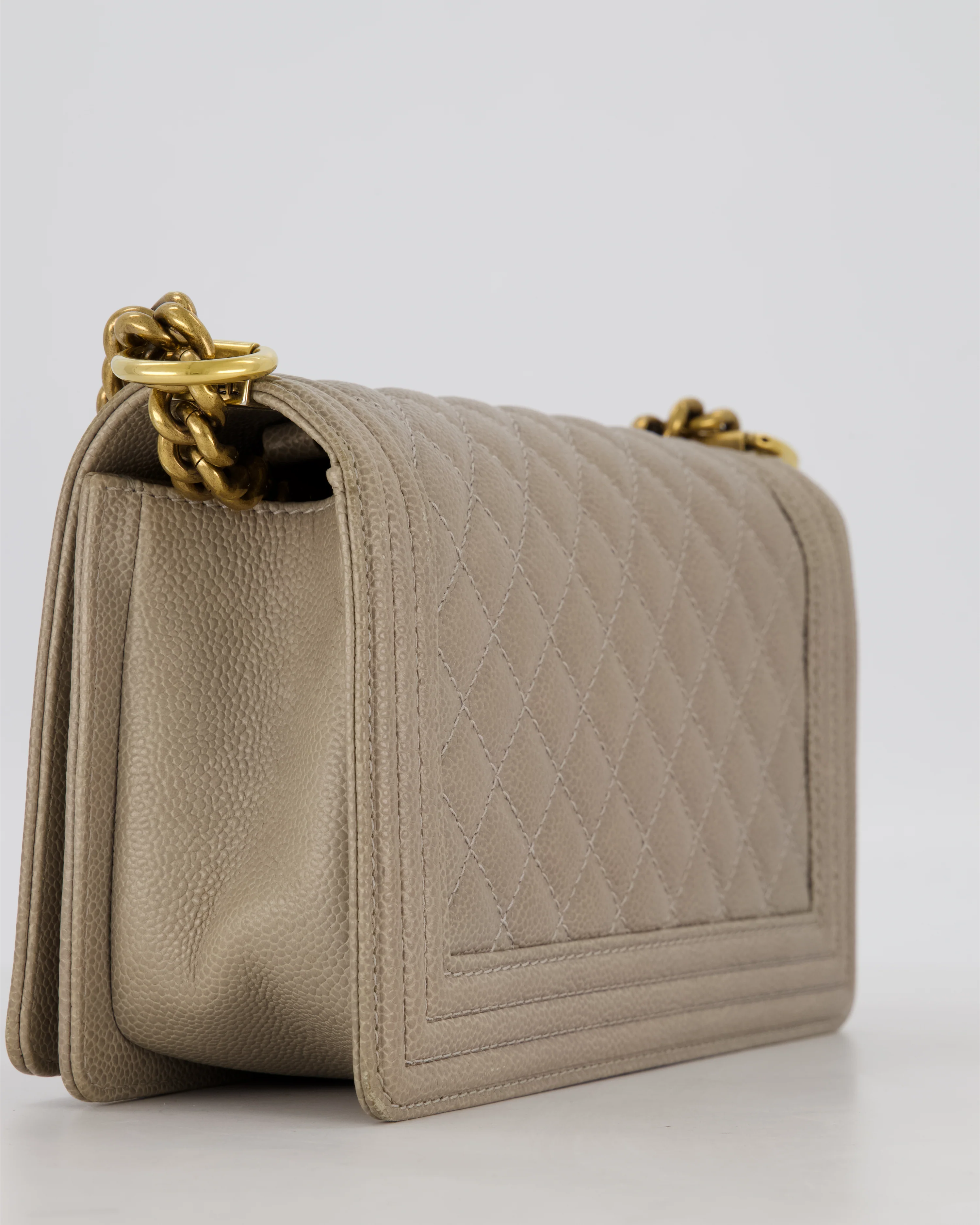 Chanel Light Taupe Grey Medium Boy Bag in Caviar Leather with Antique Gold Hardware - Image 14