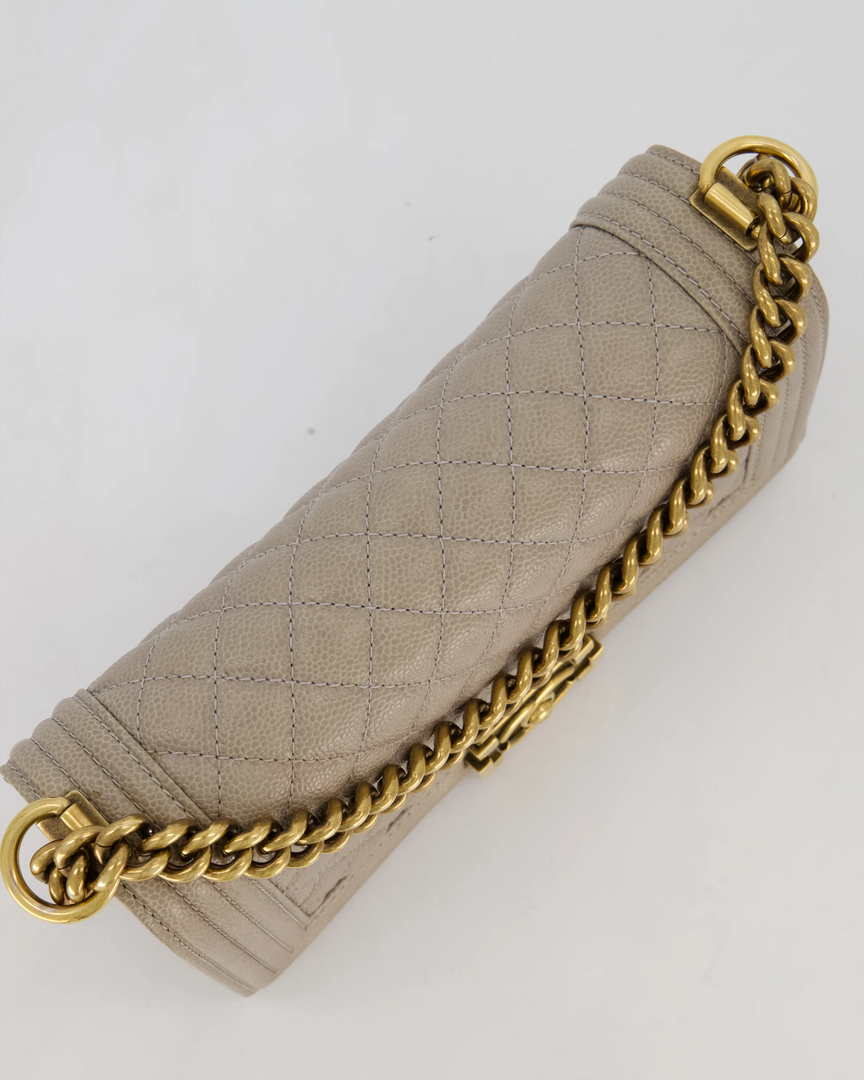 Chanel Light Taupe Grey Medium Boy Bag in Caviar Leather with Antique Gold Hardware - Image 16