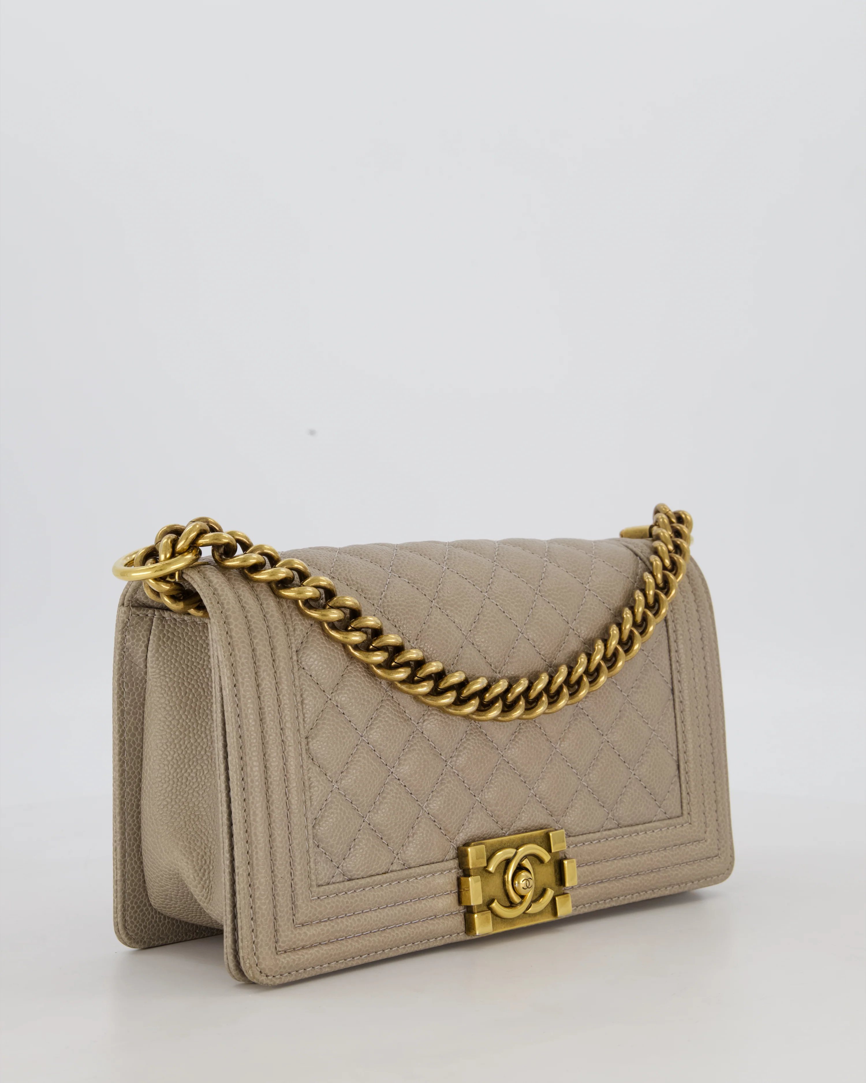 Chanel Light Taupe Grey Medium Boy Bag in Caviar Leather with Antique Gold Hardware - Image 3