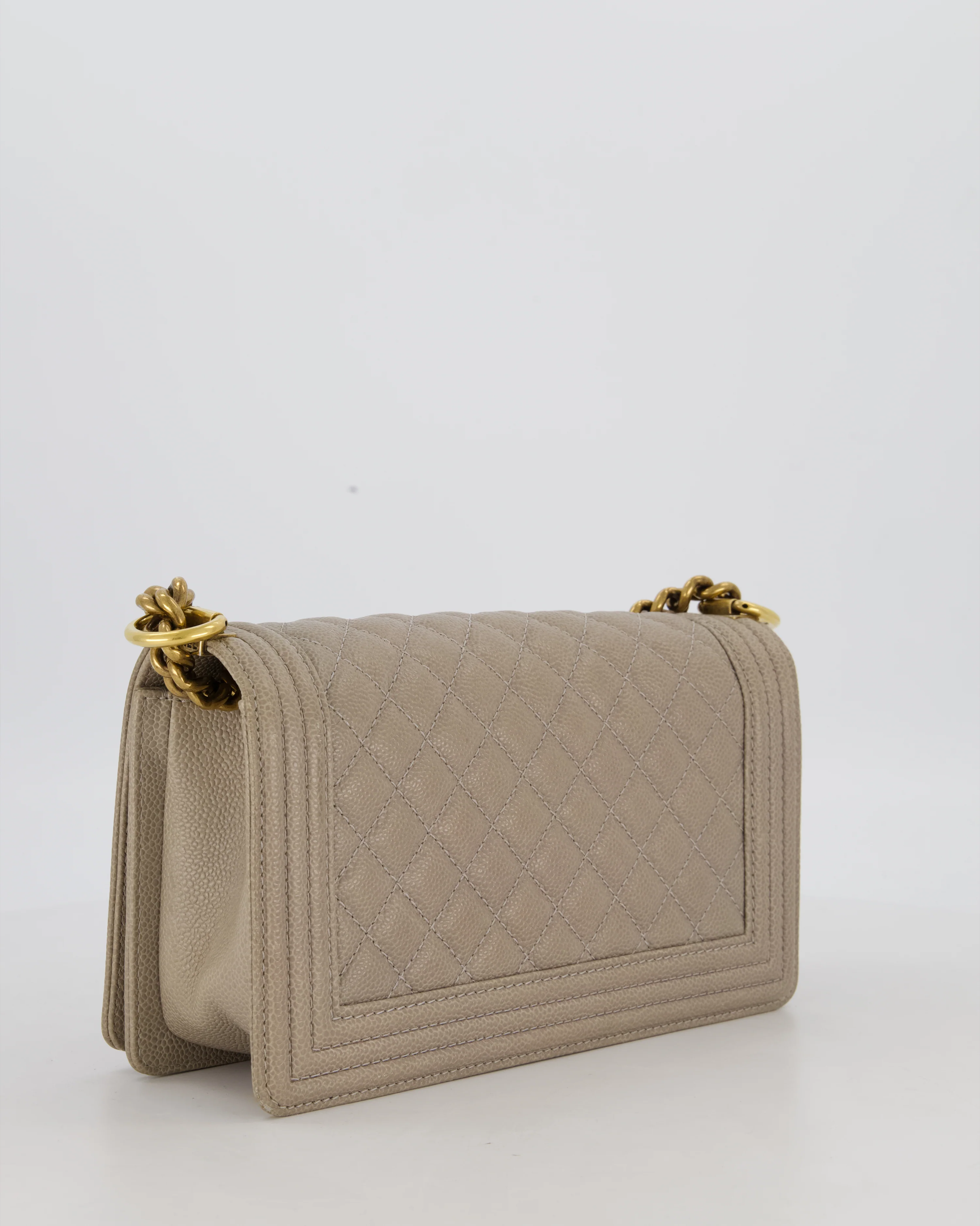 Chanel Light Taupe Grey Medium Boy Bag in Caviar Leather with Antique Gold Hardware - Image 7