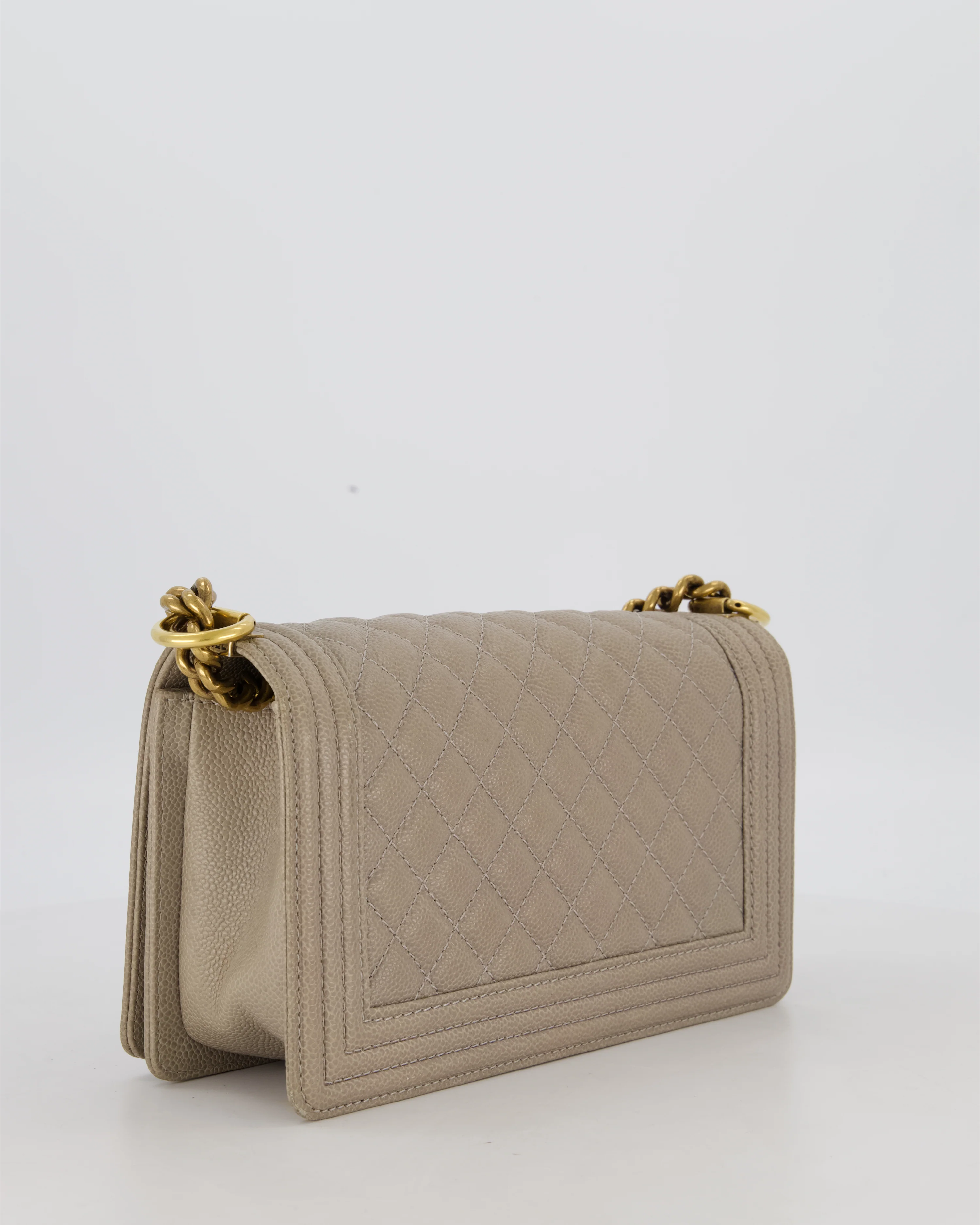 Chanel Light Taupe Grey Medium Boy Bag in Caviar Leather with Antique Gold Hardware - Image 8