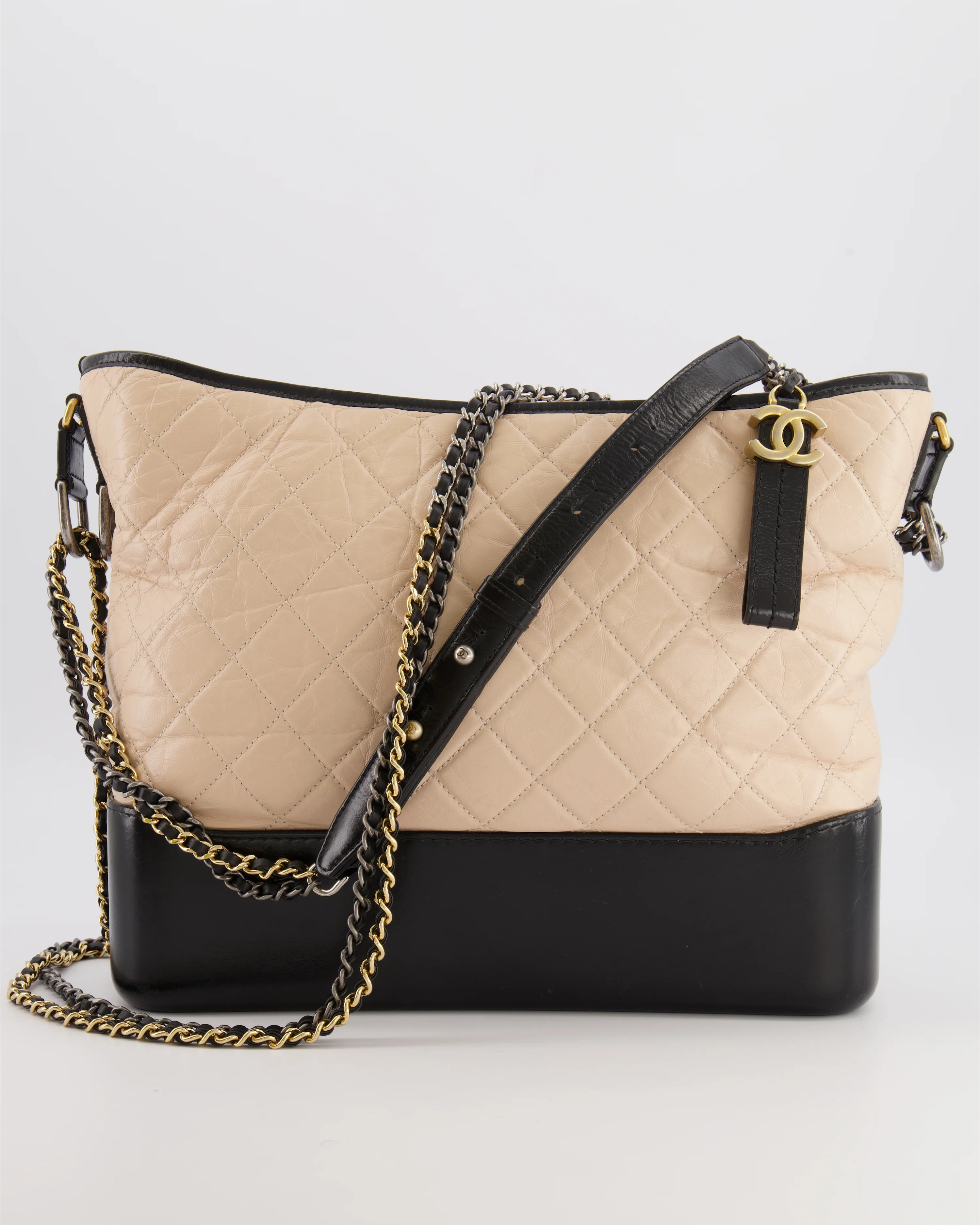 Chanel Large Gabrielle Bag in Beige and Black Crumpled Calfskin Leather with Mixed Hardware