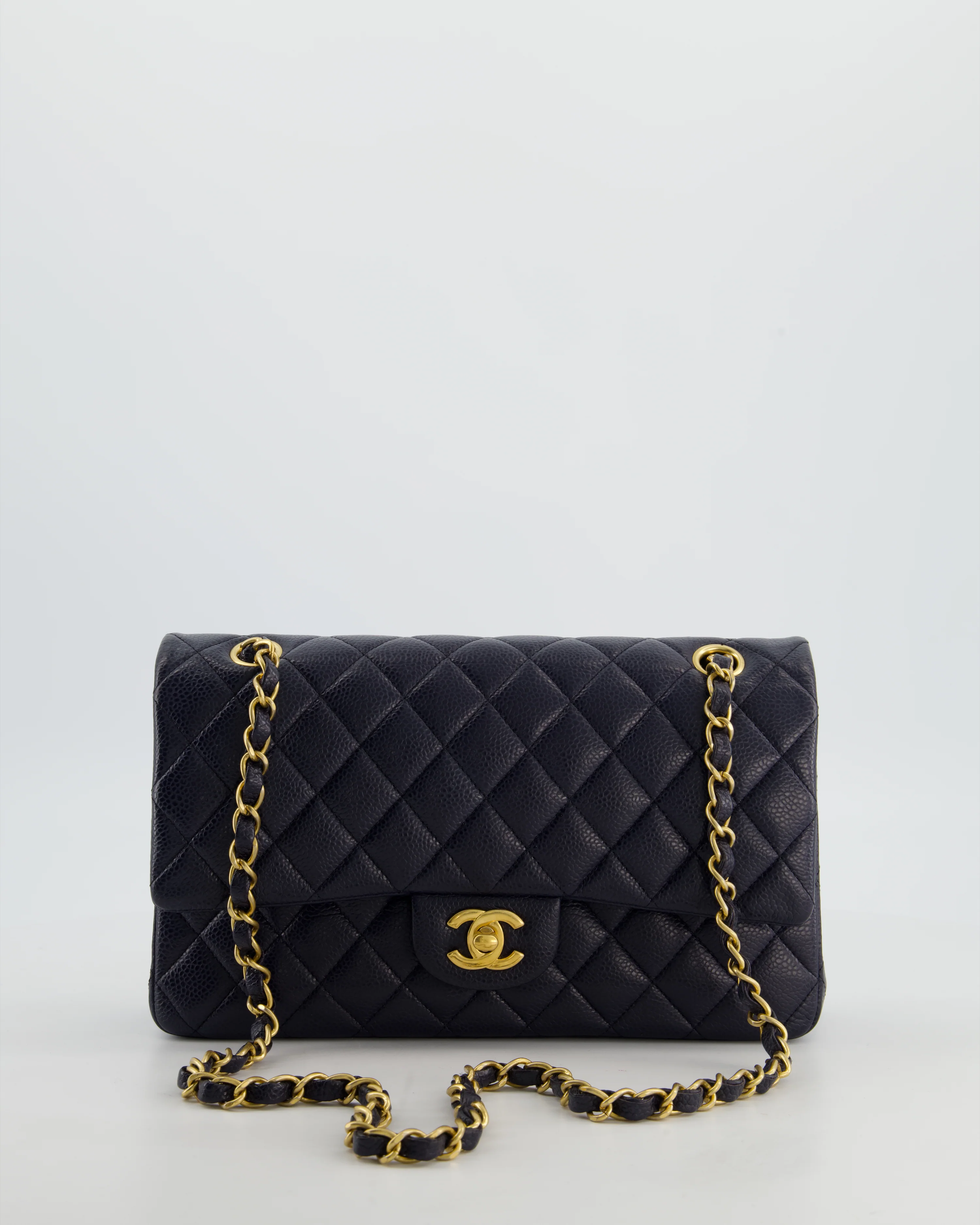 Chanel Medium Navy Classic Double Flap Bag in Caviar Leather with Aged Brushed Gold Hardware