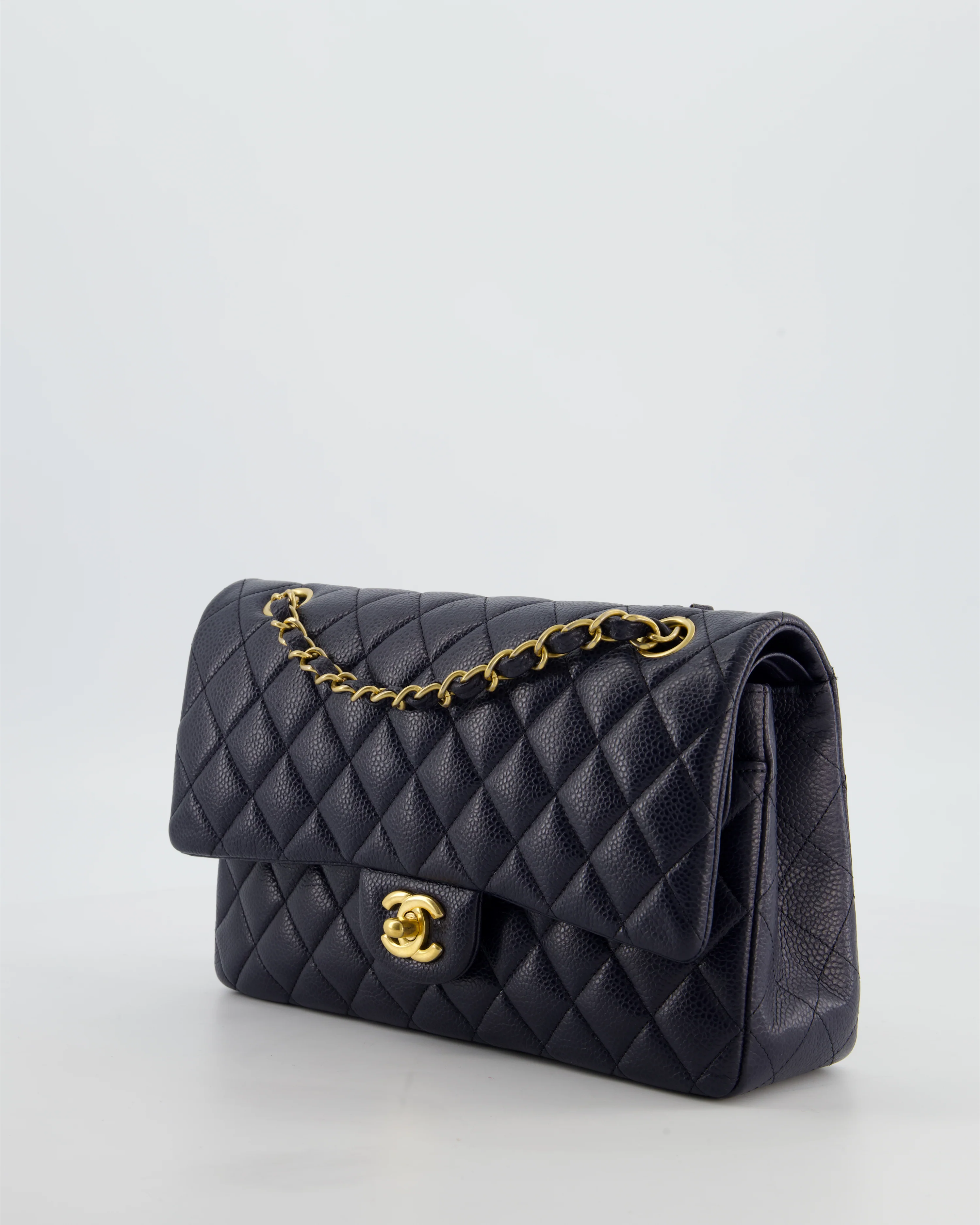 Chanel Medium Navy Classic Double Flap Bag in Caviar Leather with Aged Brushed Gold Hardware - Image 10