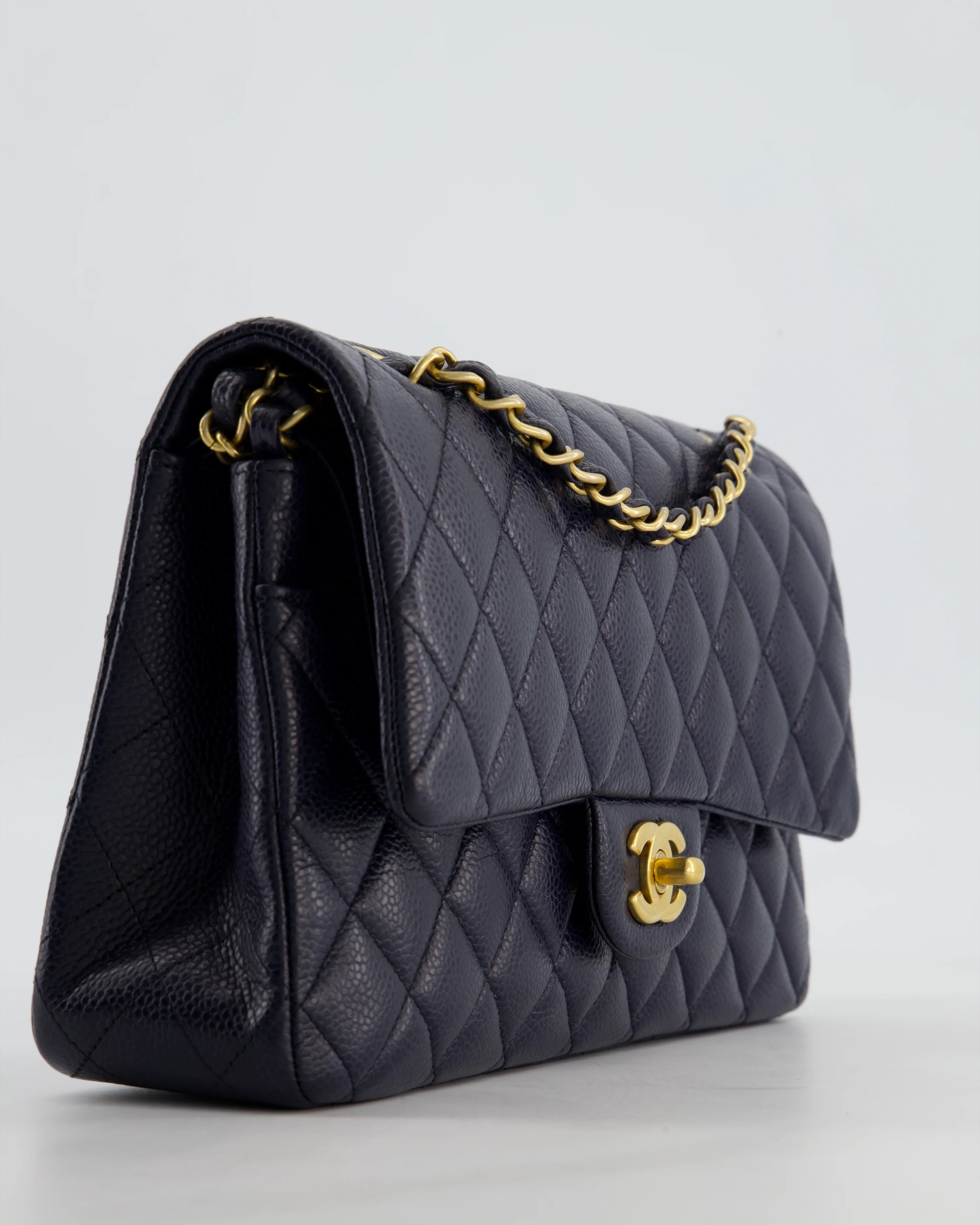 Chanel Medium Navy Classic Double Flap Bag in Caviar Leather with Aged Brushed Gold Hardware - Image 11