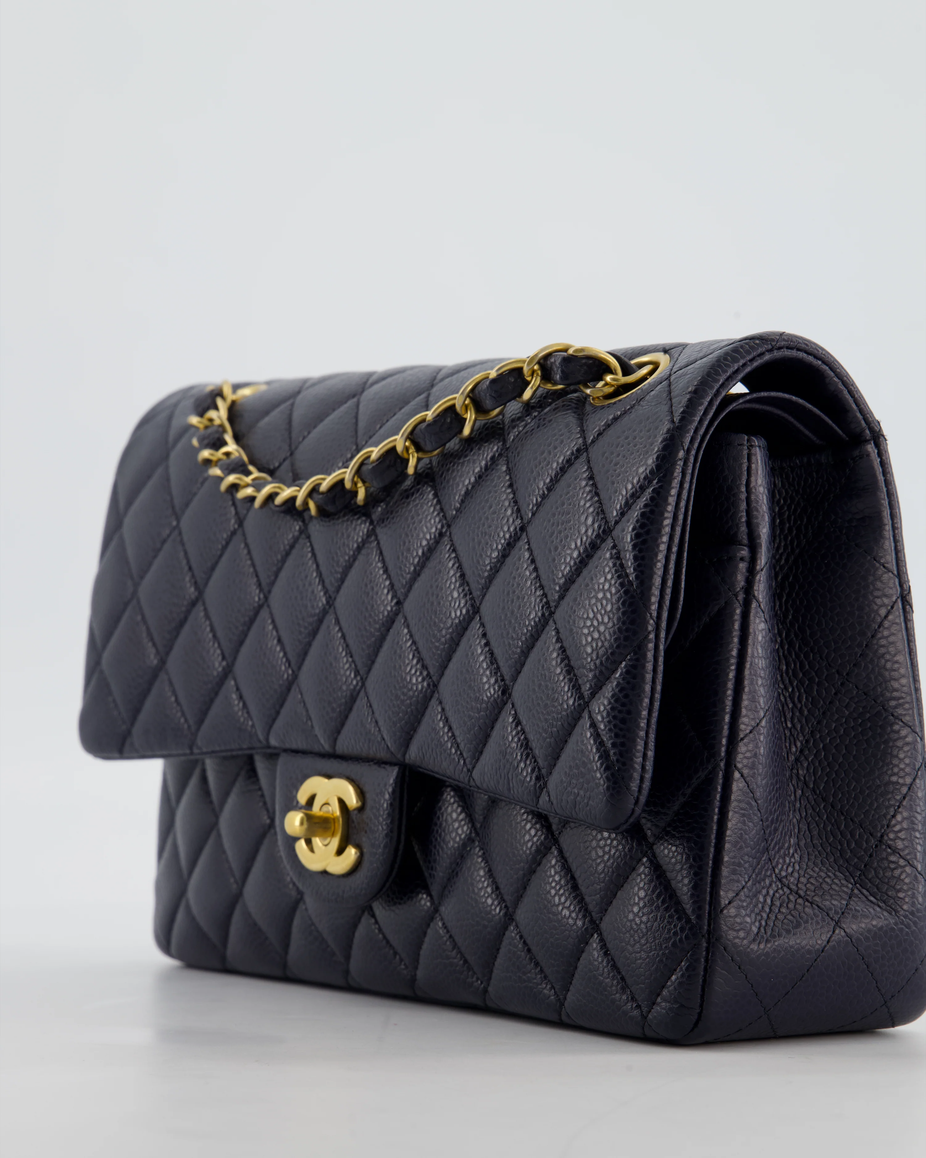 Chanel Medium Navy Classic Double Flap Bag in Caviar Leather with Aged Brushed Gold Hardware - Image 12