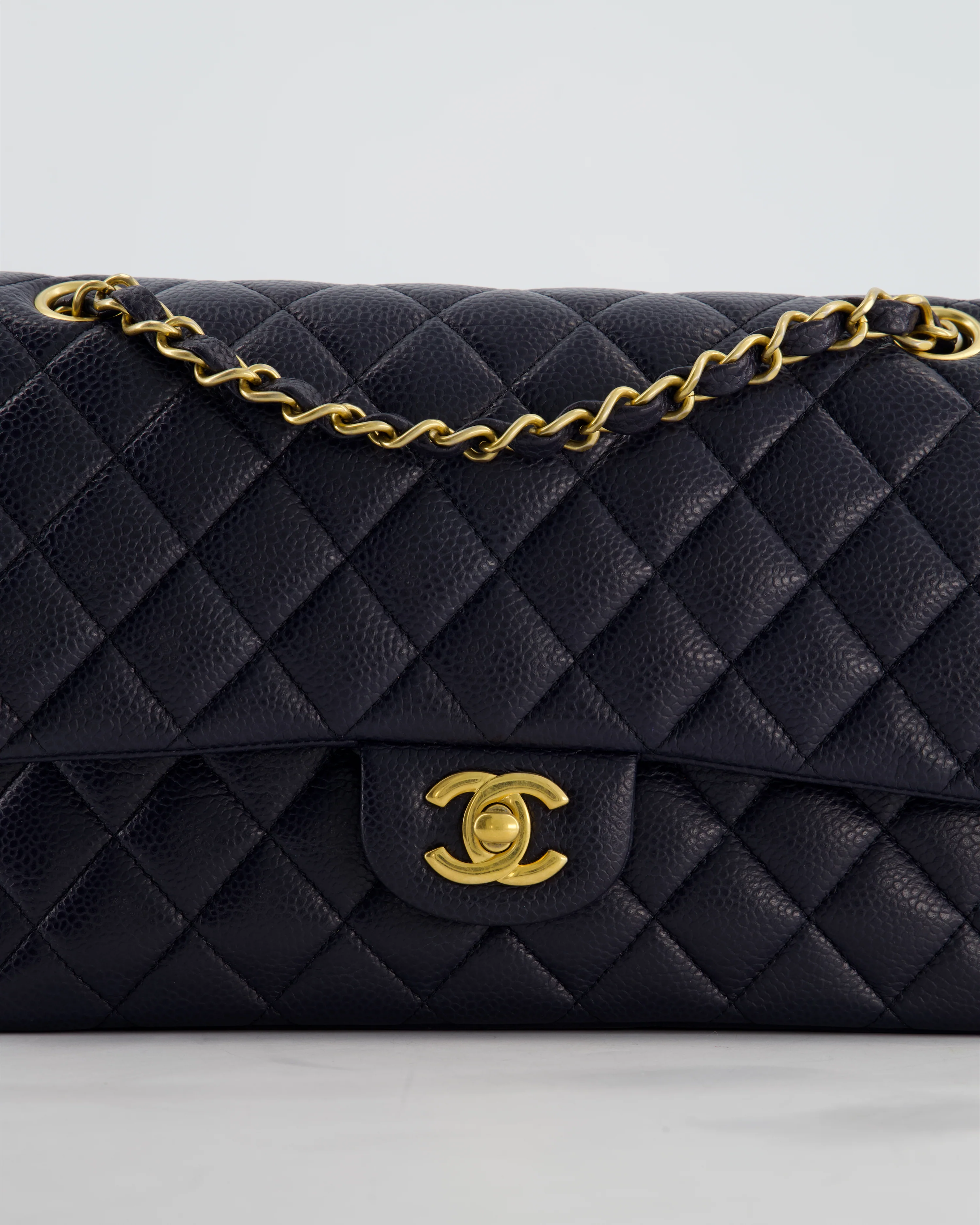 Chanel Medium Navy Classic Double Flap Bag in Caviar Leather with Aged Brushed Gold Hardware - Image 17