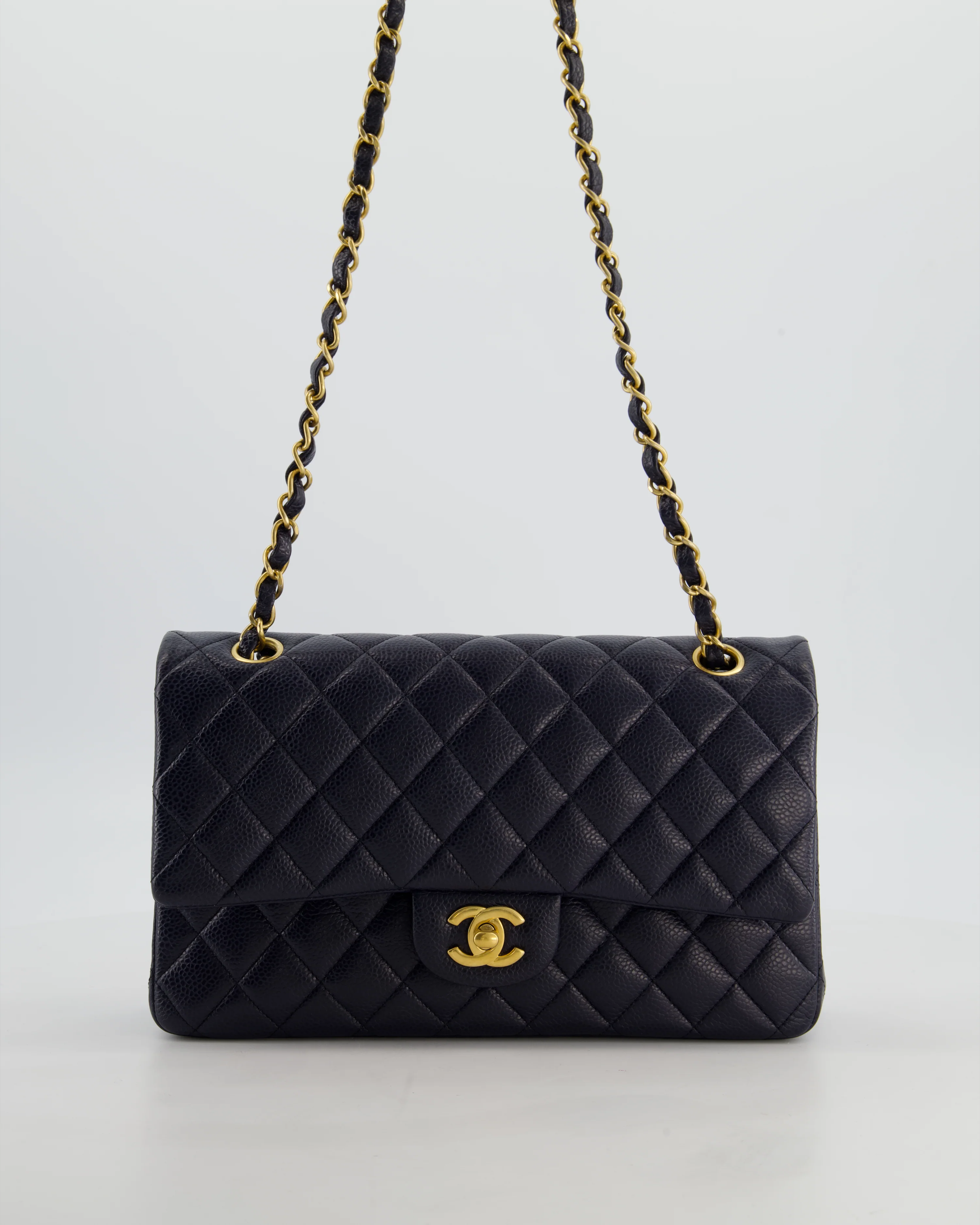 Chanel Medium Navy Classic Double Flap Bag in Caviar Leather with Aged Brushed Gold Hardware - Image 3