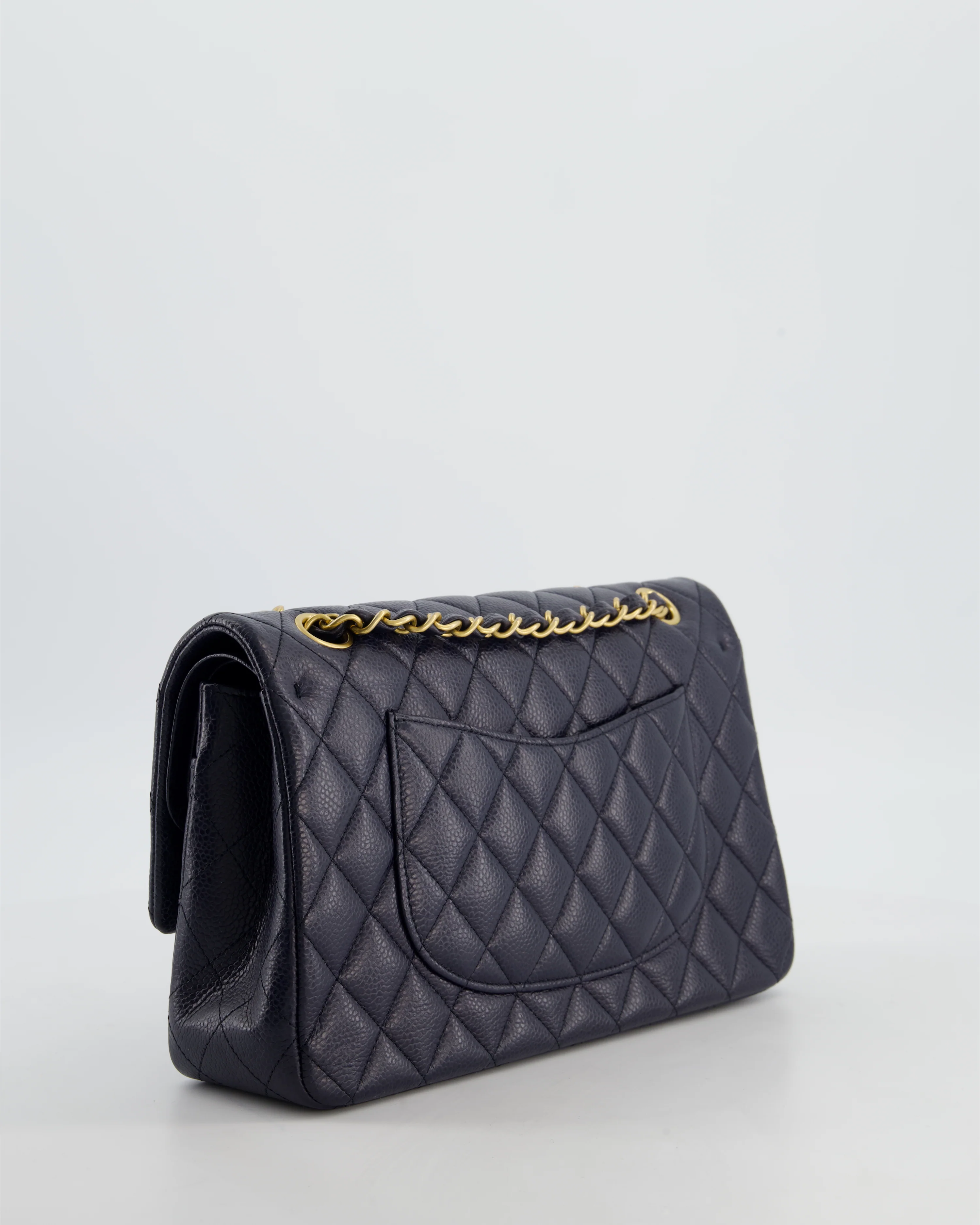 Chanel Medium Navy Classic Double Flap Bag in Caviar Leather with Aged Brushed Gold Hardware - Image 8