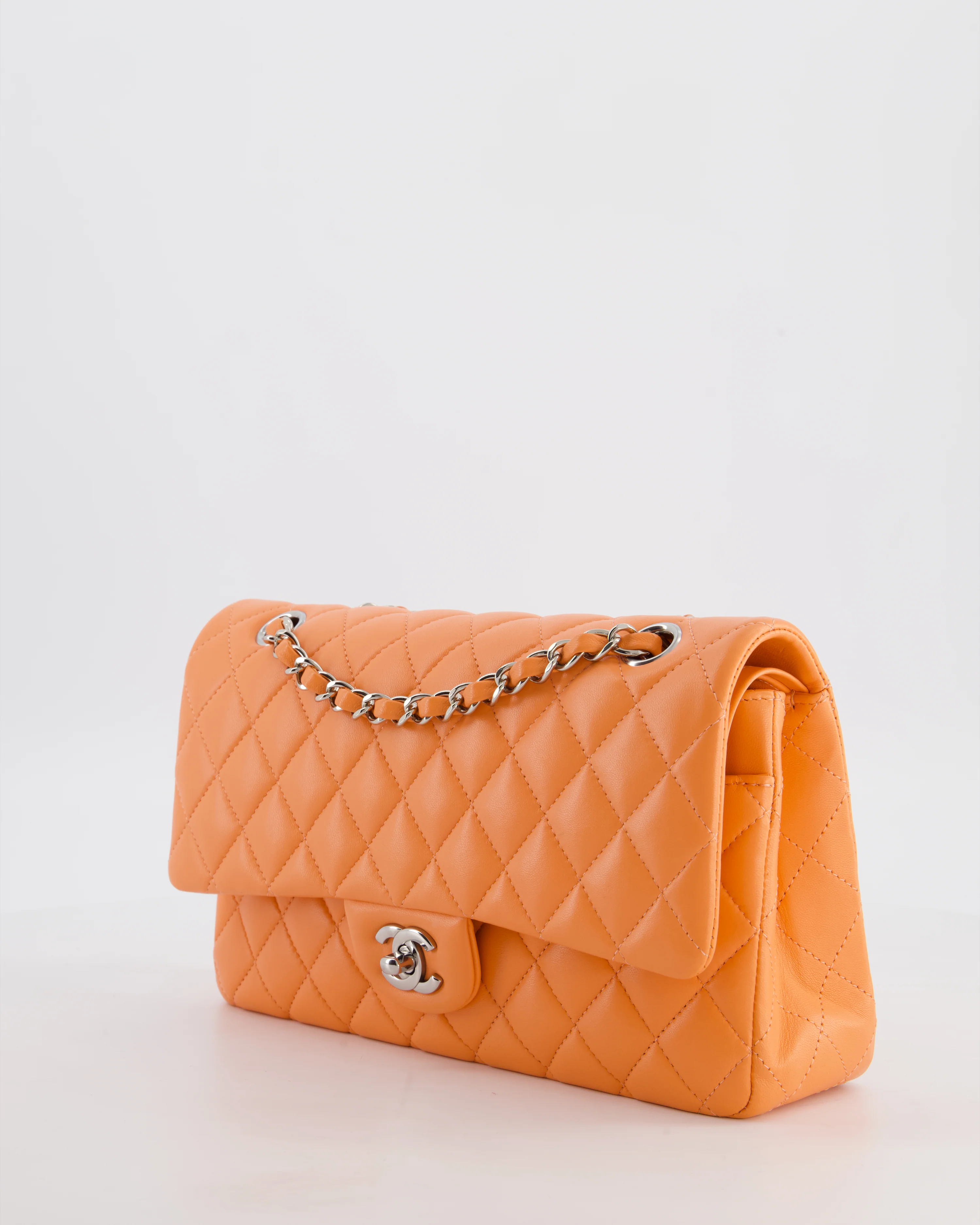 Chanel Medium Orange Classic Double Flap Bag in Lambskin Leather with Silver Hardware - Image 10