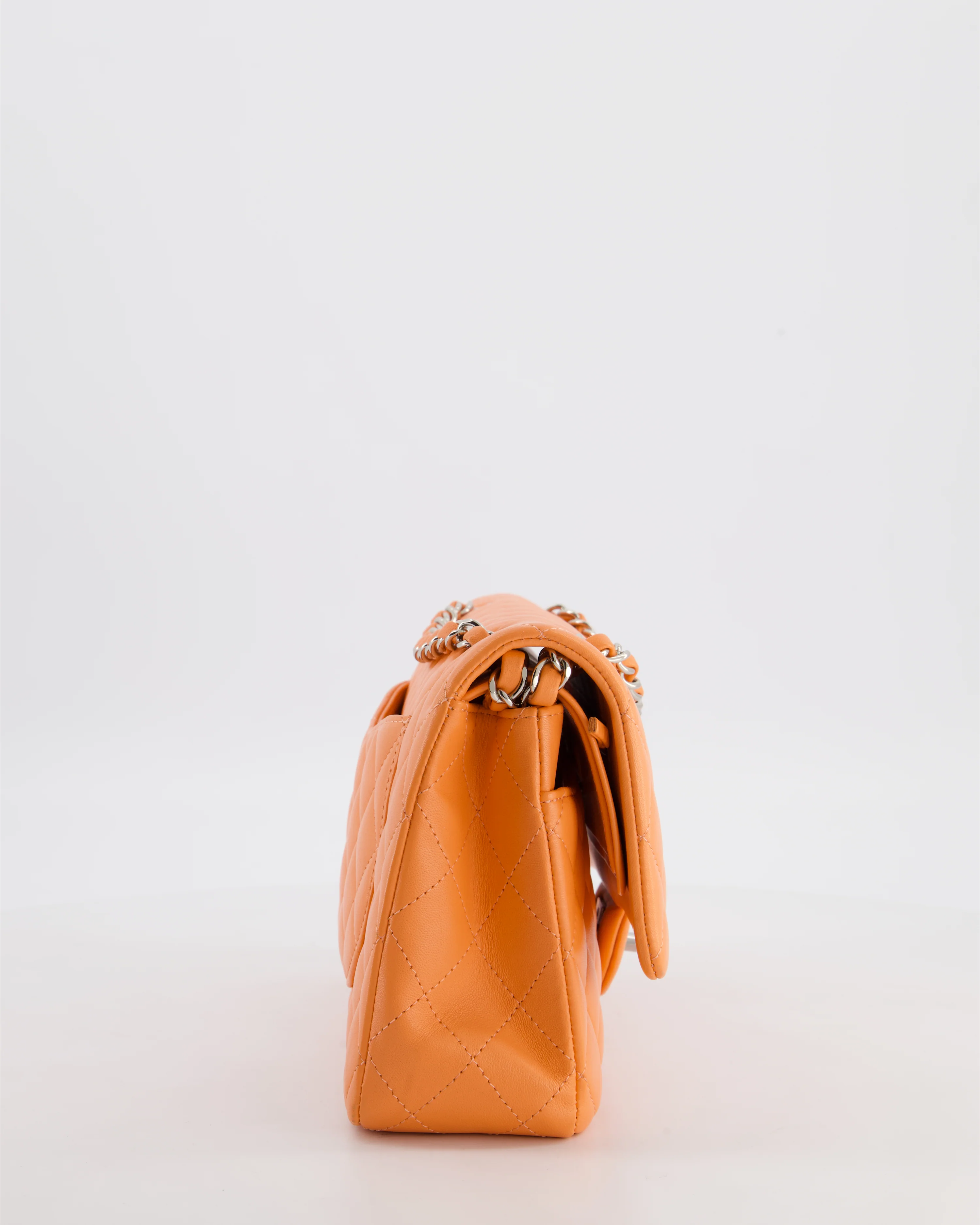 Chanel Medium Orange Classic Double Flap Bag in Lambskin Leather with Silver Hardware - Image 11