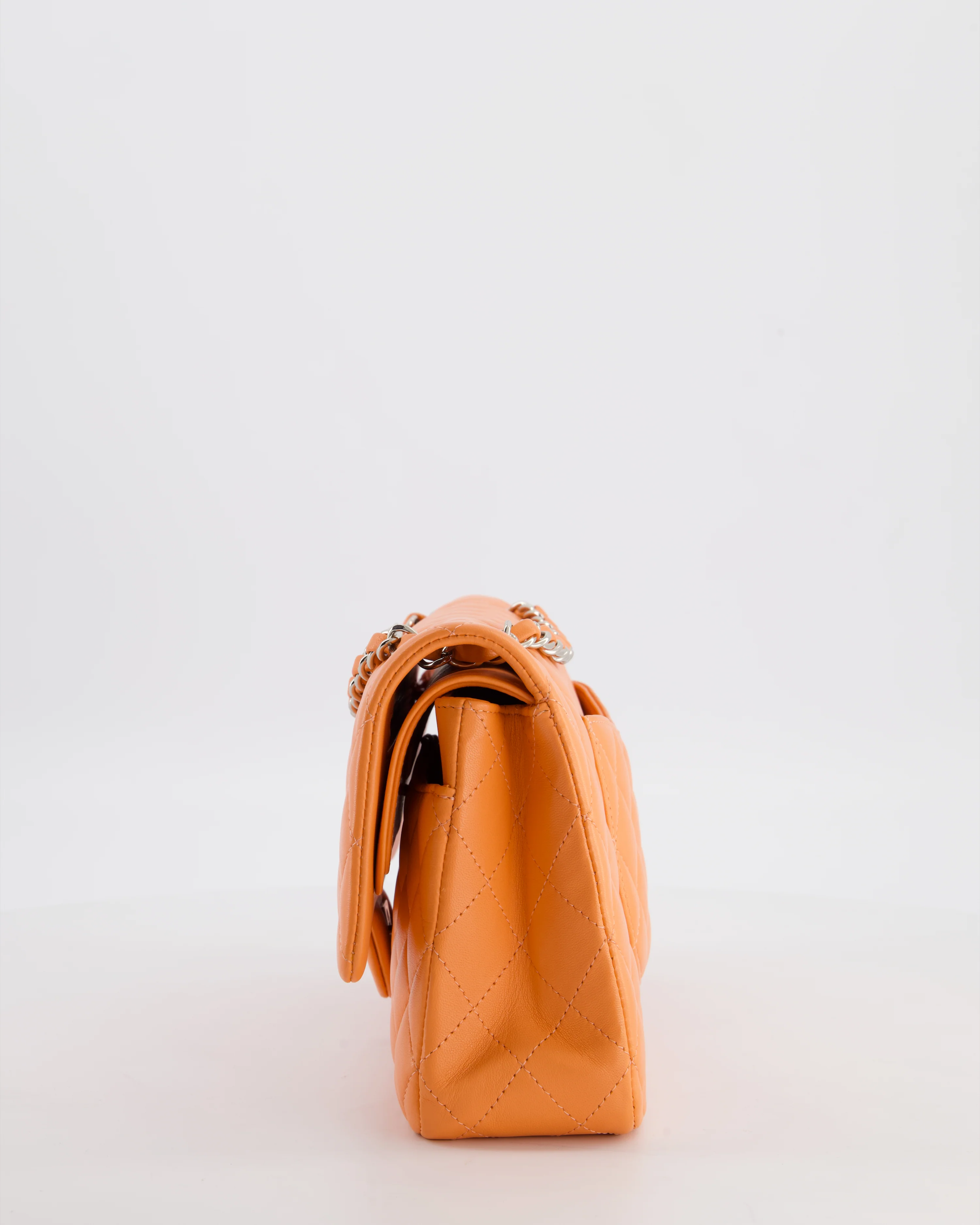 Chanel Medium Orange Classic Double Flap Bag in Lambskin Leather with Silver Hardware - Image 12