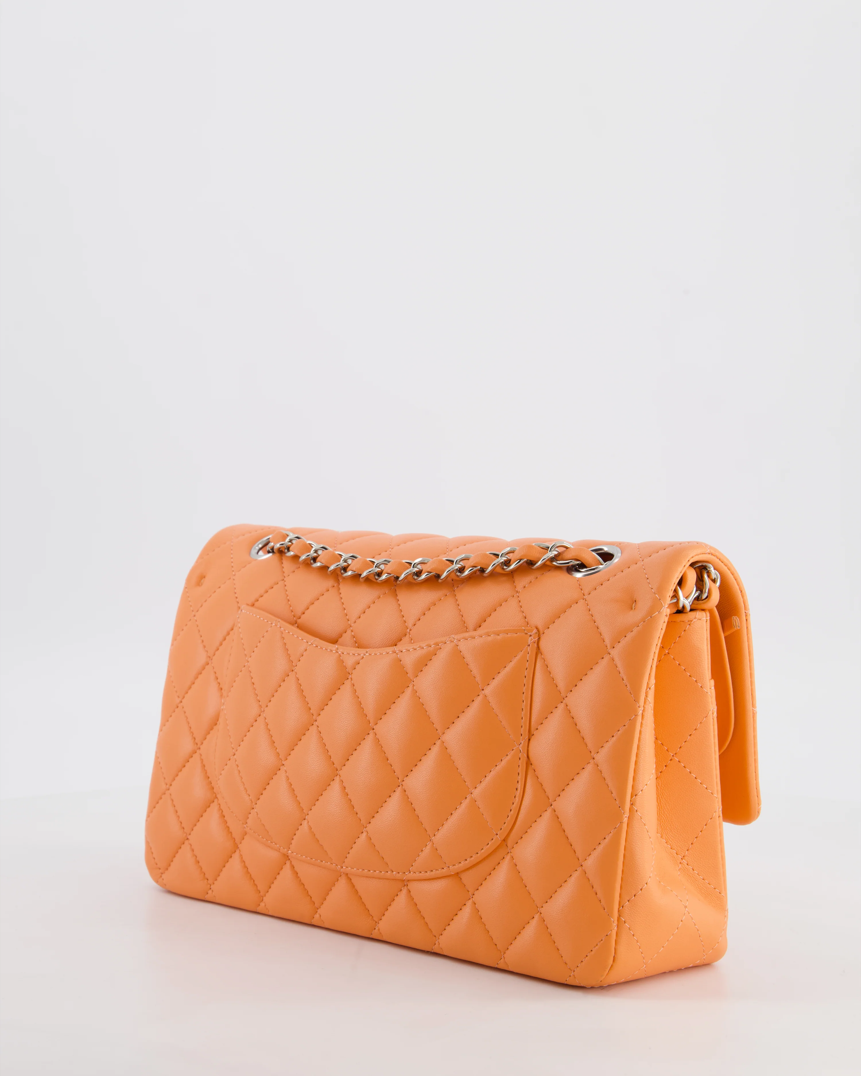 Chanel Medium Orange Classic Double Flap Bag in Lambskin Leather with Silver Hardware - Image 14