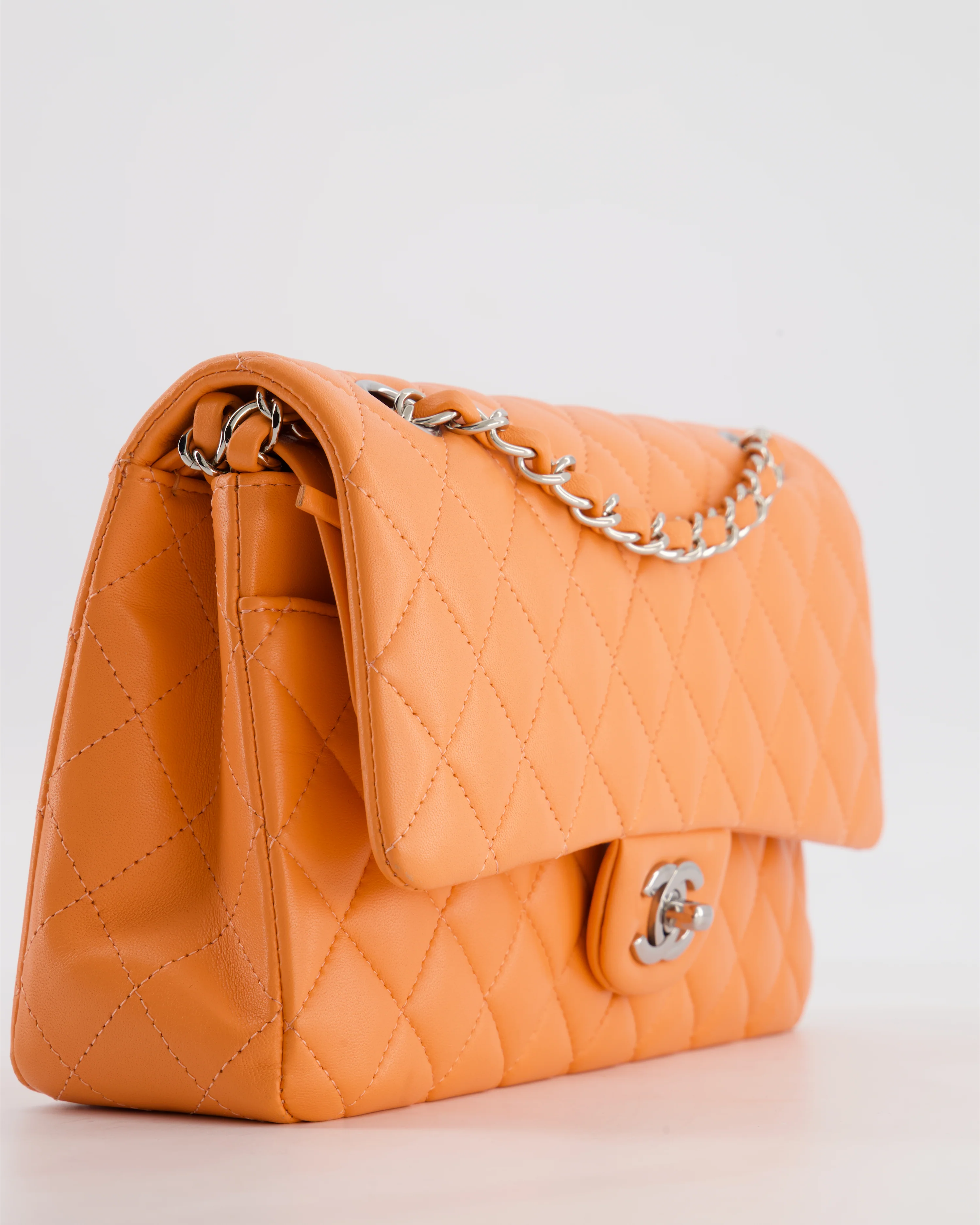 Chanel Medium Orange Classic Double Flap Bag in Lambskin Leather with Silver Hardware - Image 15