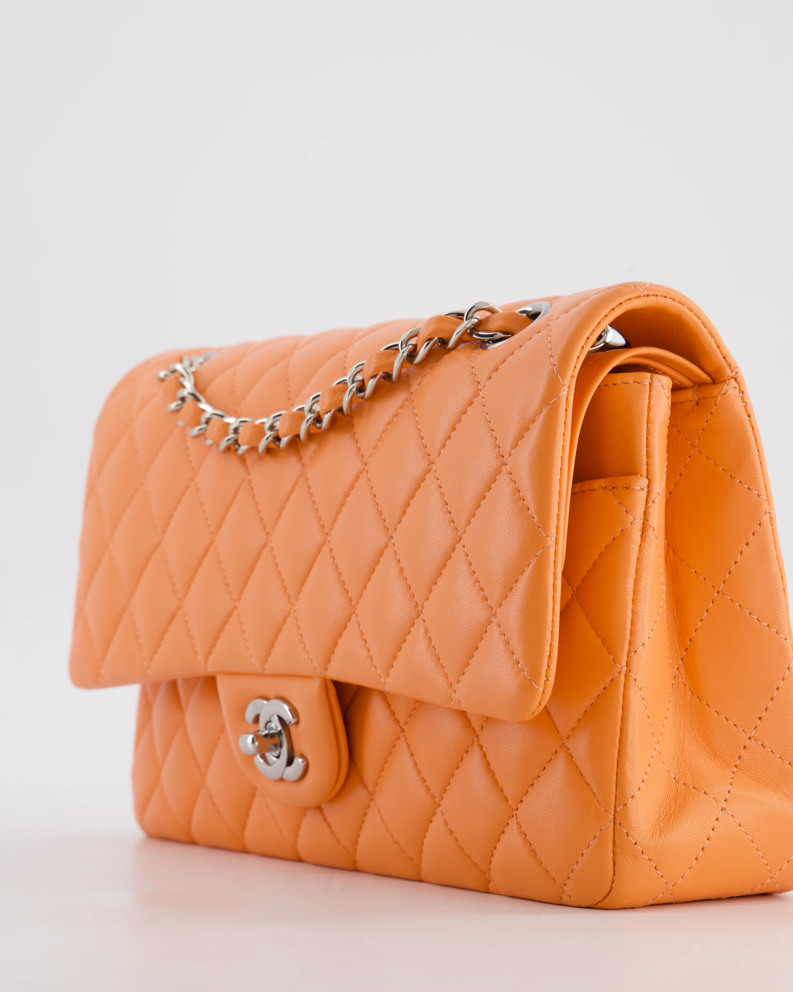 Chanel Medium Orange Classic Double Flap Bag in Lambskin Leather with Silver Hardware - Image 16