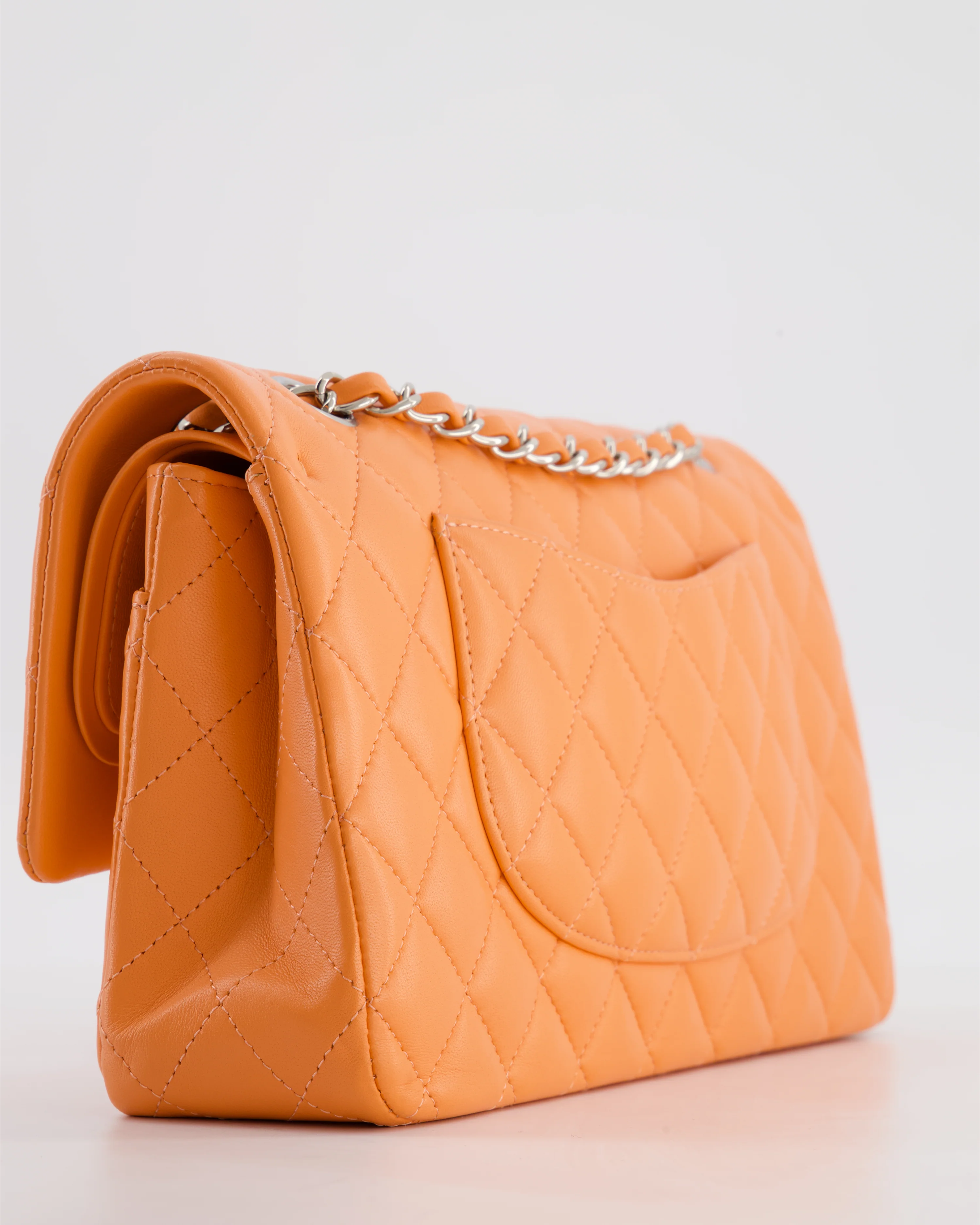Chanel Medium Orange Classic Double Flap Bag in Lambskin Leather with Silver Hardware - Image 17