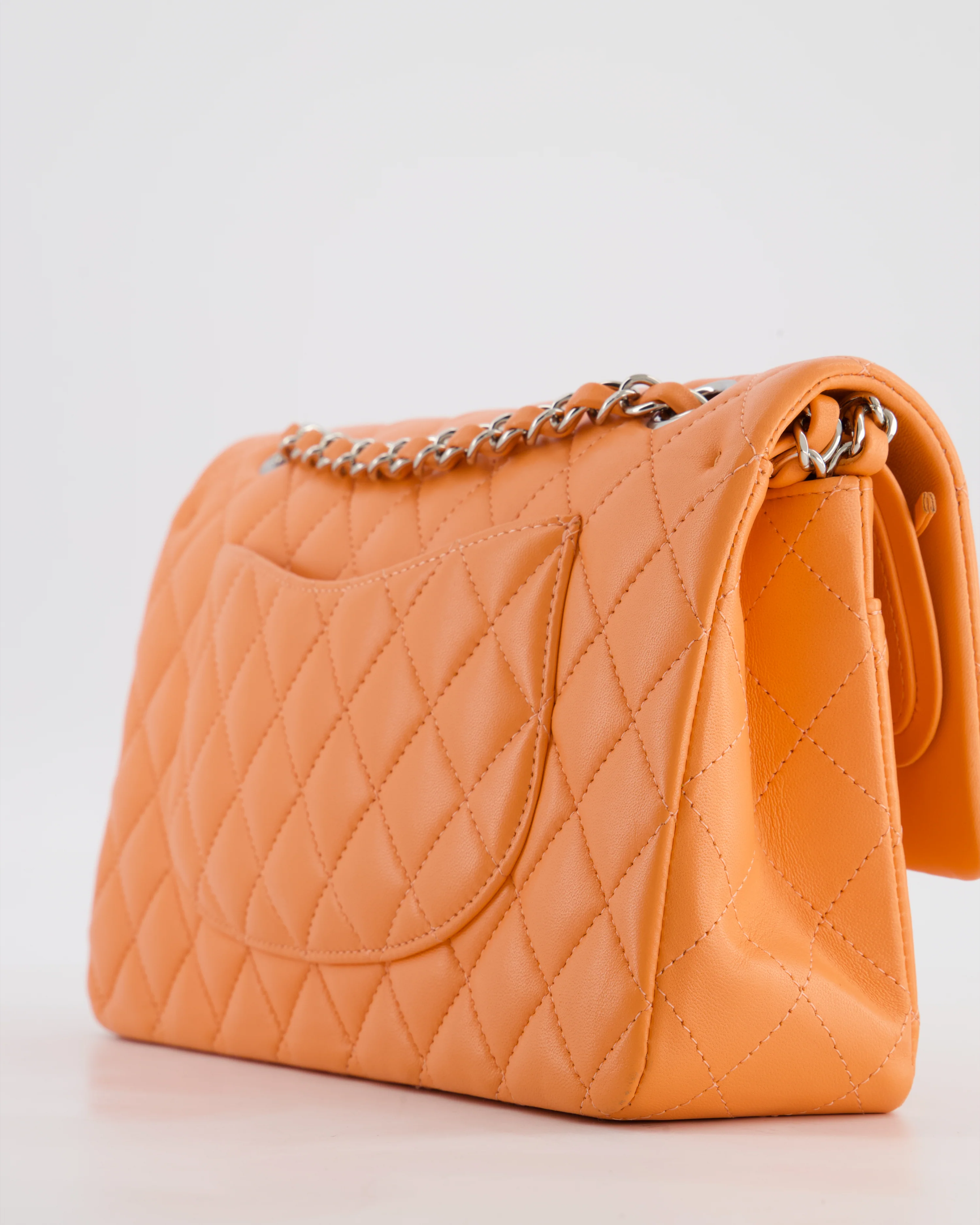 Chanel Medium Orange Classic Double Flap Bag in Lambskin Leather with Silver Hardware - Image 18