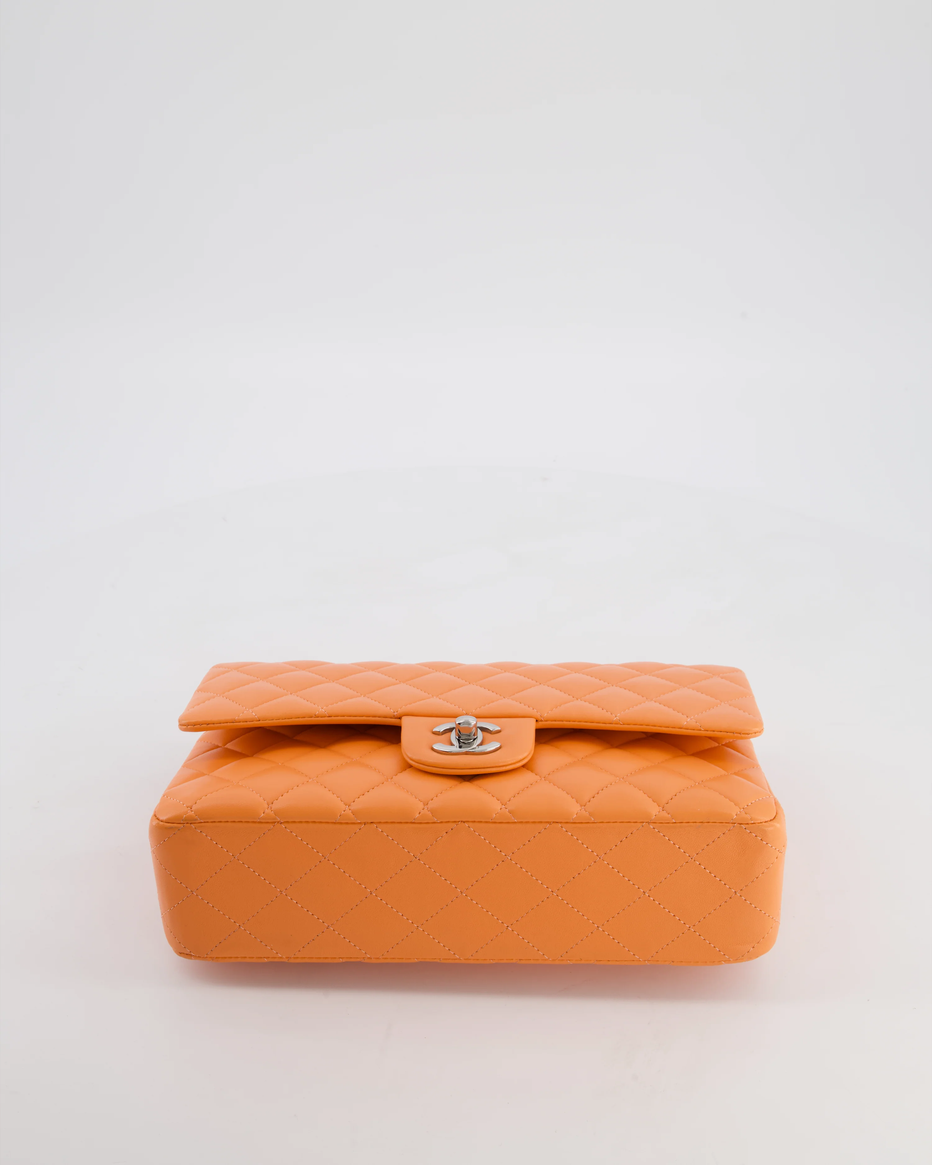 Chanel Medium Orange Classic Double Flap Bag in Lambskin Leather with Silver Hardware - Image 19