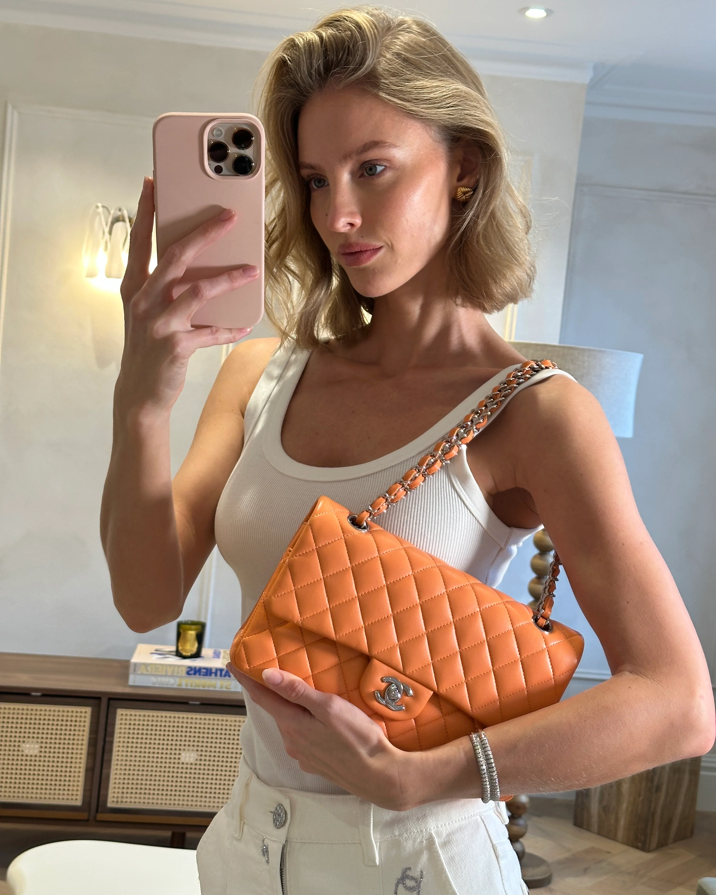 Chanel Medium Orange Classic Double Flap Bag in Lambskin Leather with Silver Hardware - Image 2