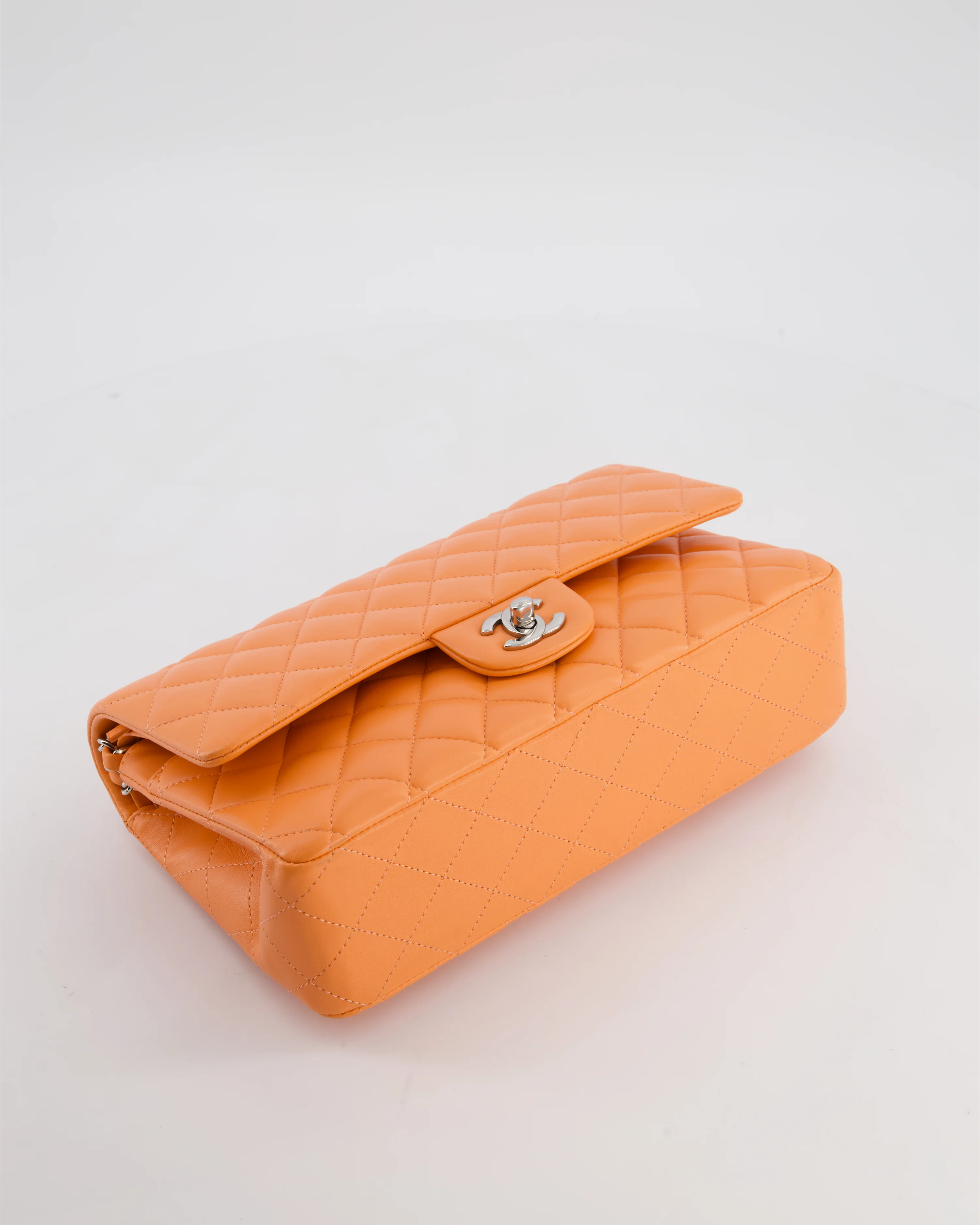 Chanel Medium Orange Classic Double Flap Bag in Lambskin Leather with Silver Hardware - Image 20