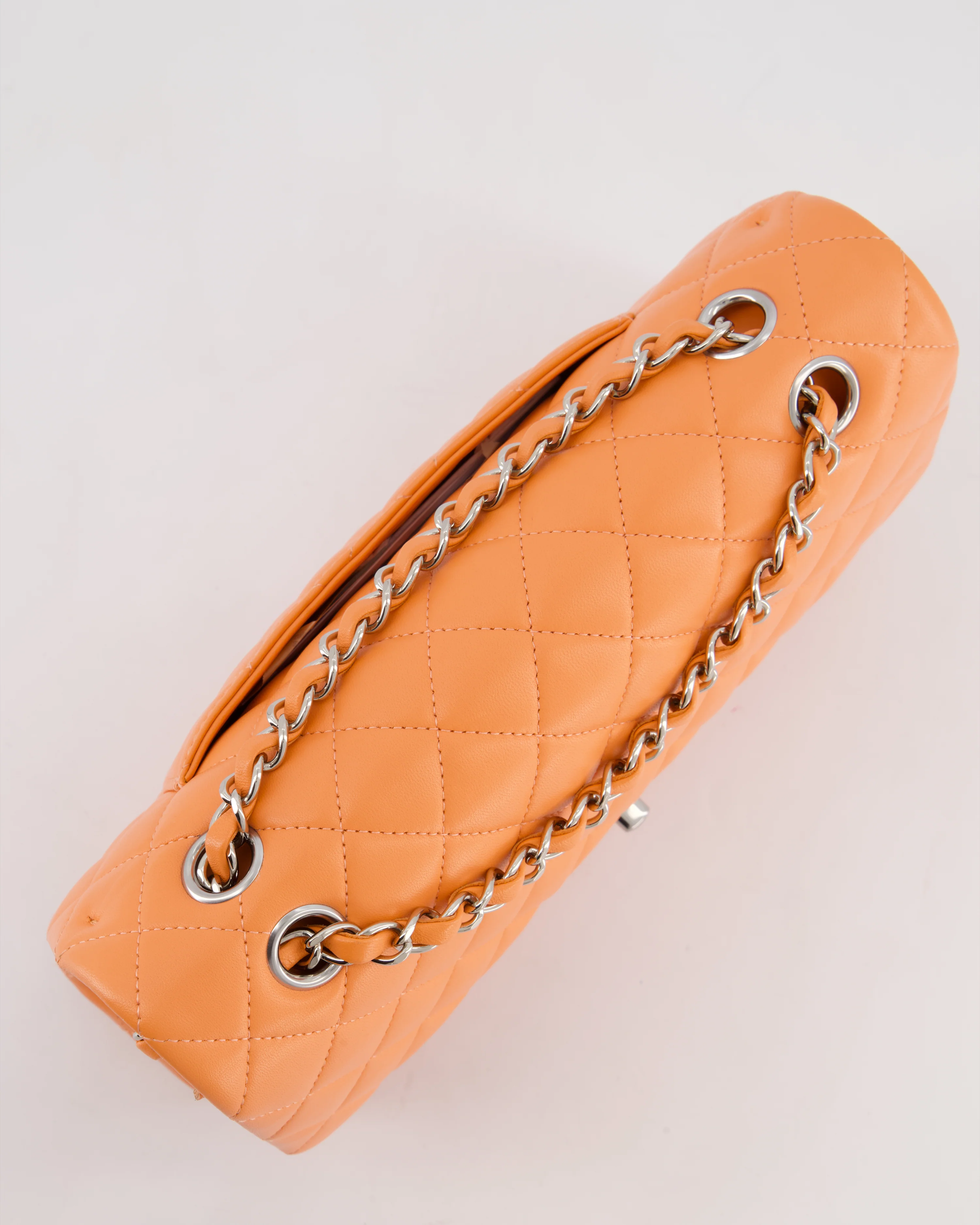 Chanel Medium Orange Classic Double Flap Bag in Lambskin Leather with Silver Hardware - Image 22