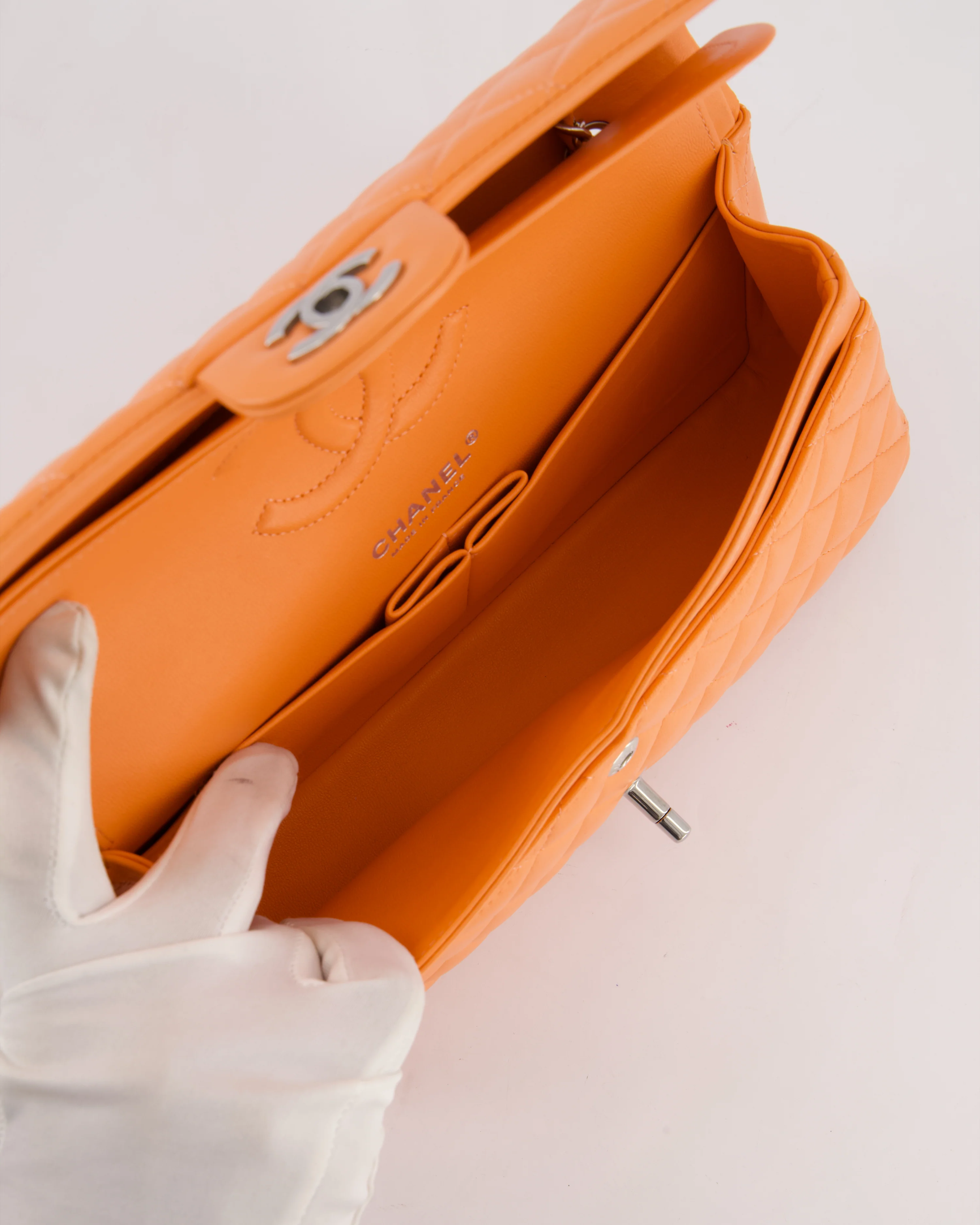 Chanel Medium Orange Classic Double Flap Bag in Lambskin Leather with Silver Hardware - Image 23