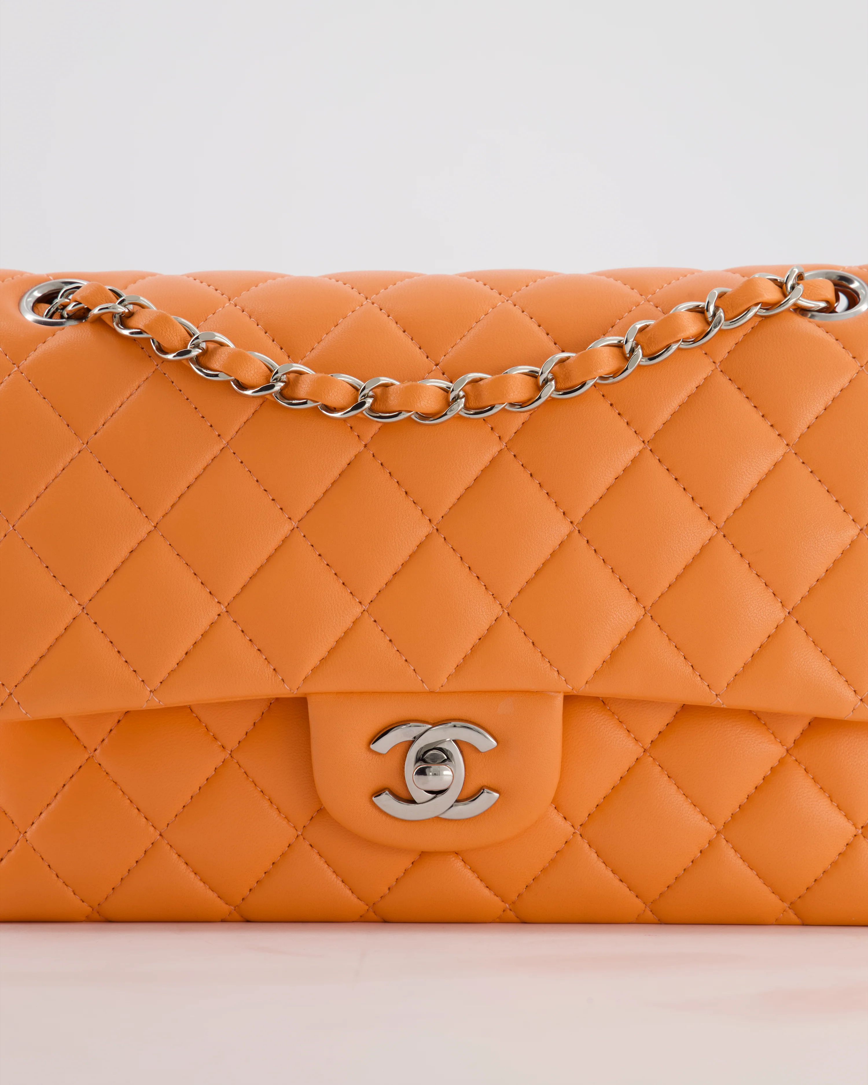 Chanel Medium Orange Classic Double Flap Bag in Lambskin Leather with Silver Hardware - Image 4