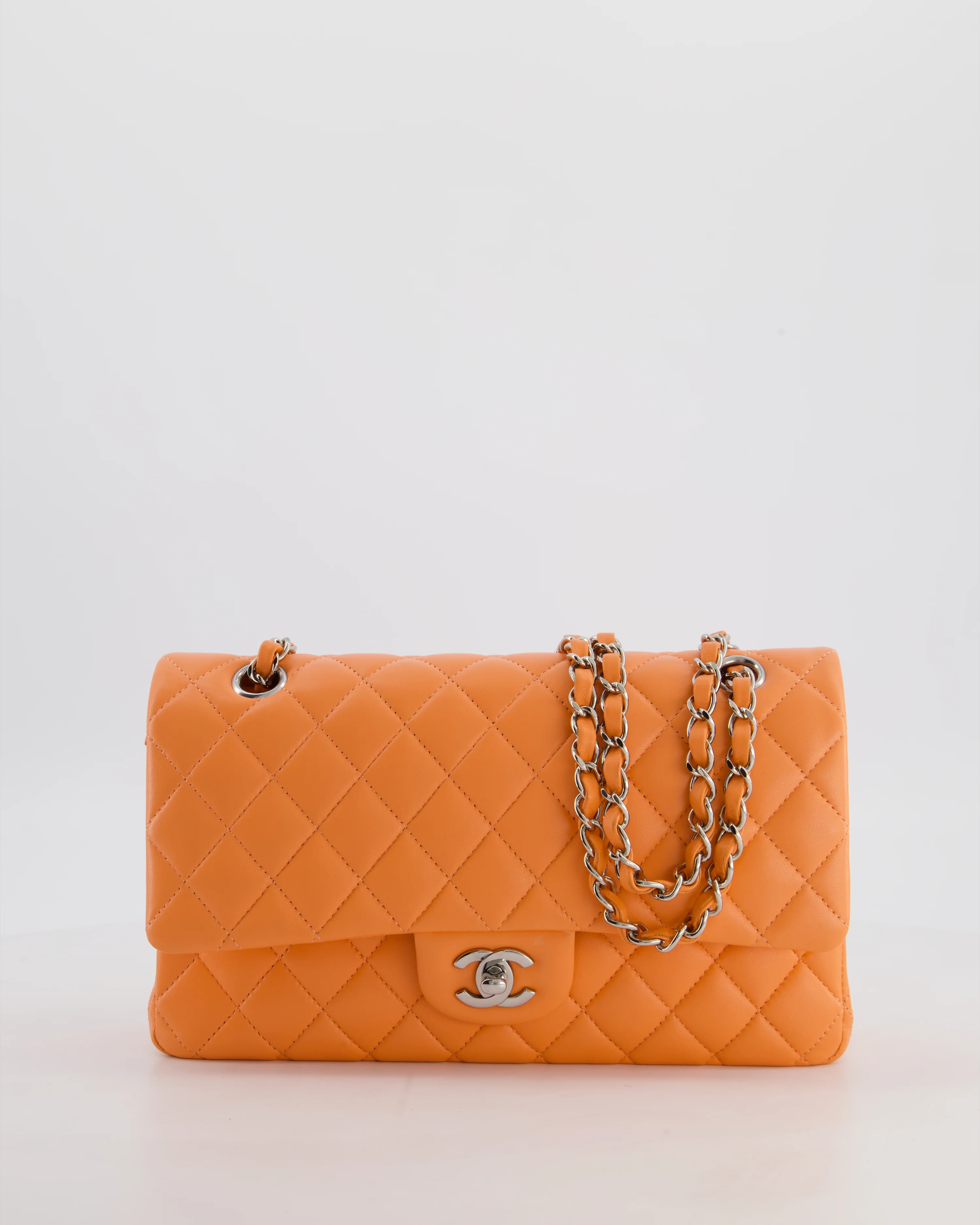 Chanel Medium Orange Classic Double Flap Bag in Lambskin Leather with Silver Hardware - Image 5