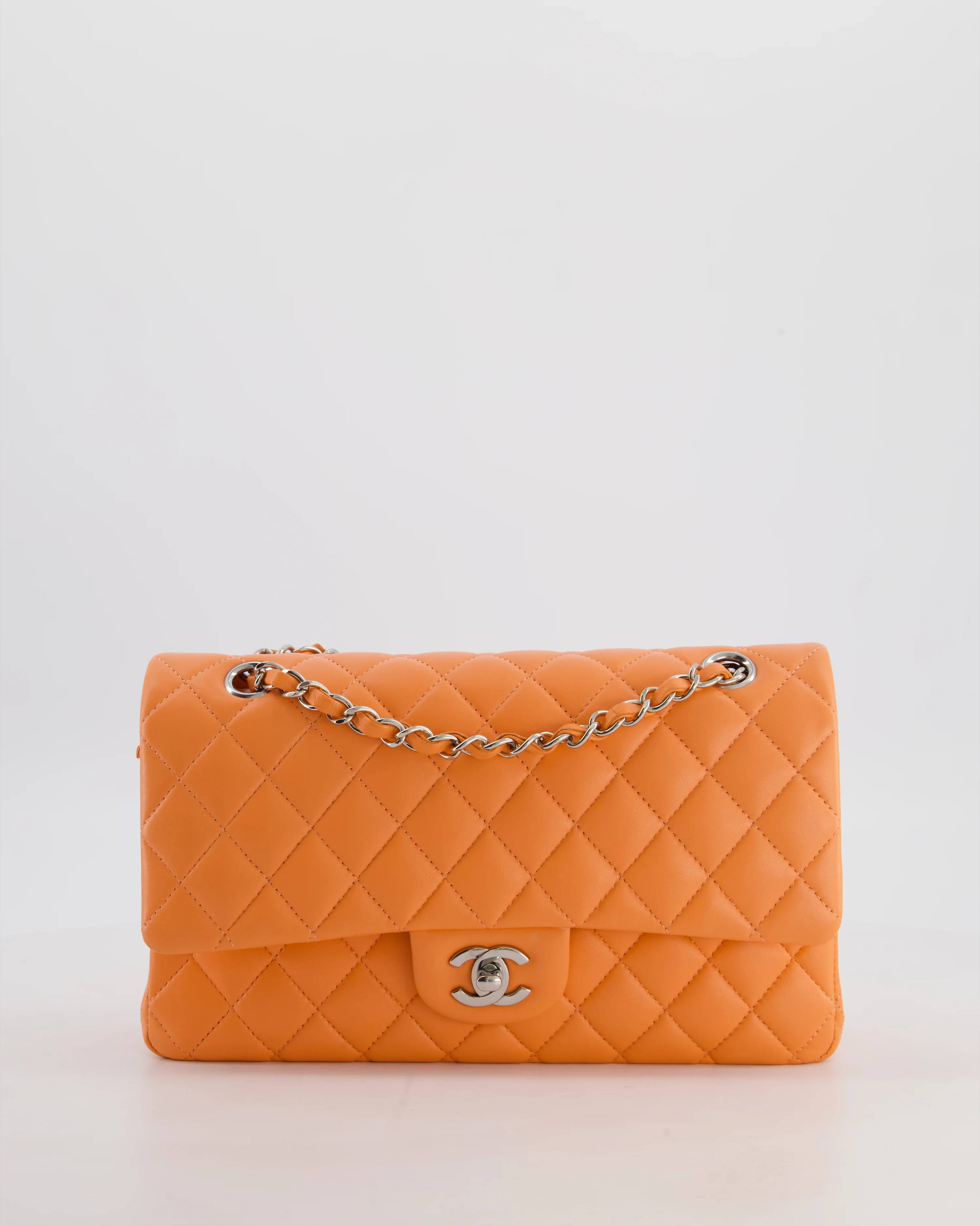 Chanel Medium Orange Classic Double Flap Bag in Lambskin Leather with Silver Hardware - Image 6