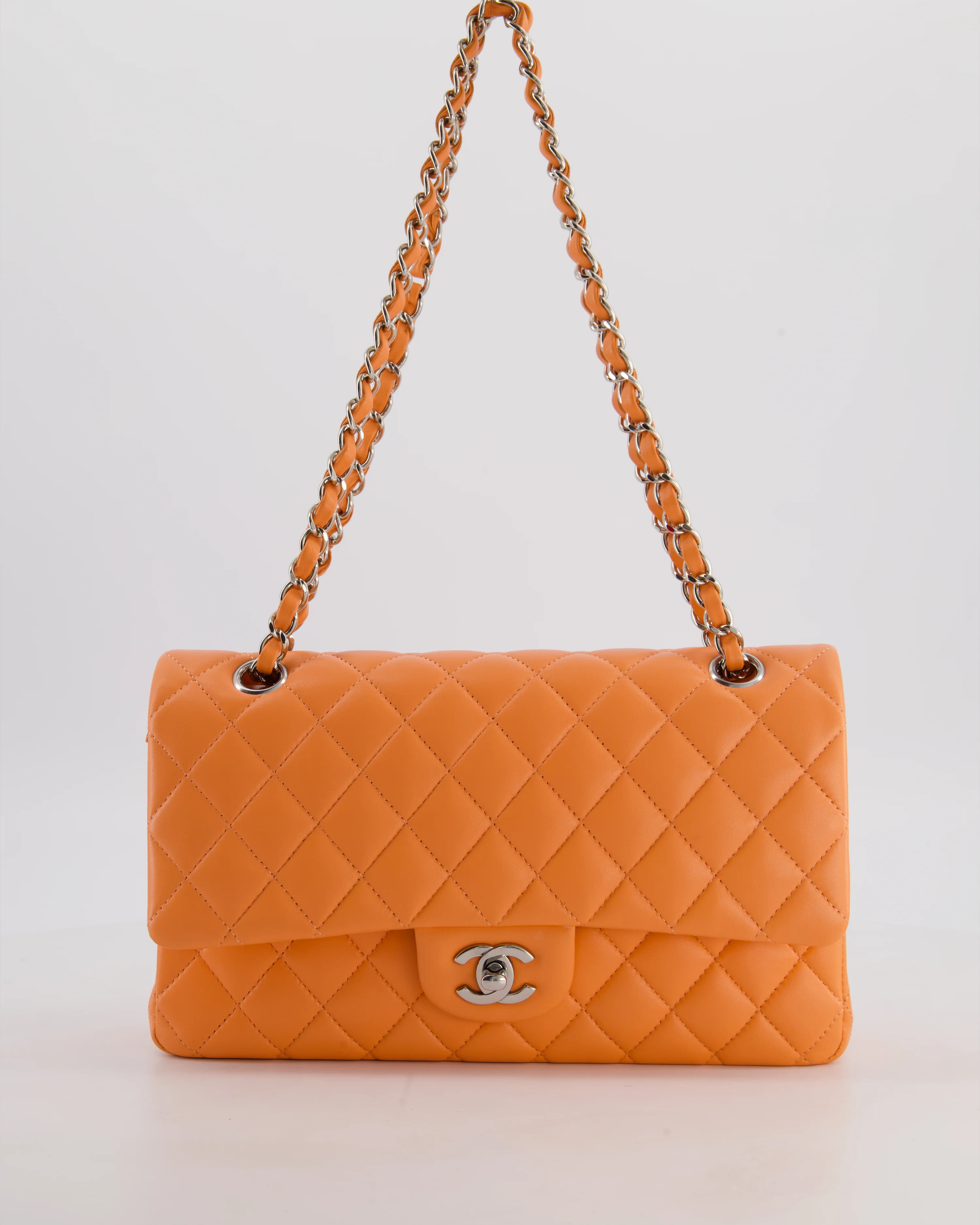 Chanel Medium Orange Classic Double Flap Bag in Lambskin Leather with Silver Hardware - Image 7