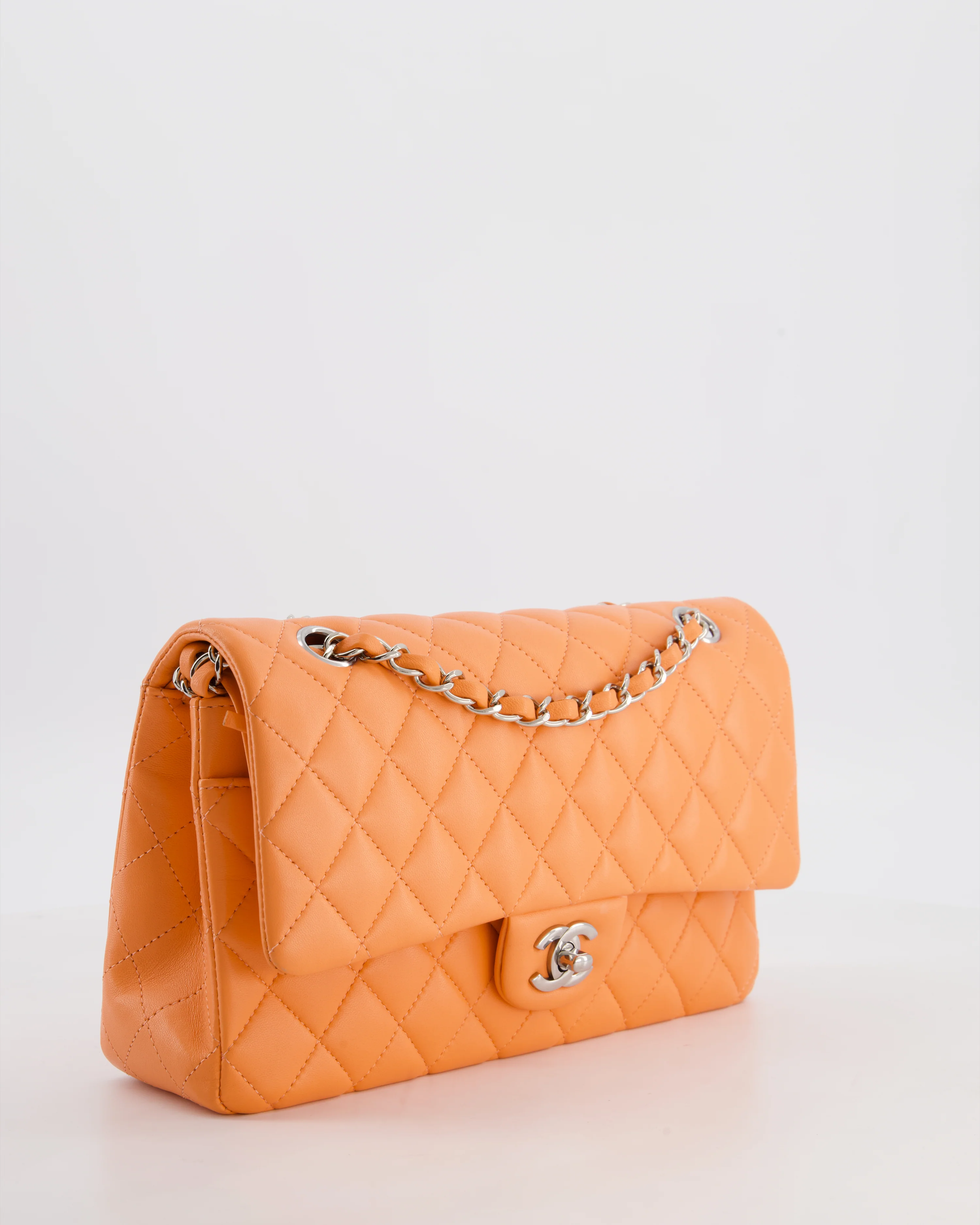 Chanel Medium Orange Classic Double Flap Bag in Lambskin Leather with Silver Hardware - Image 9