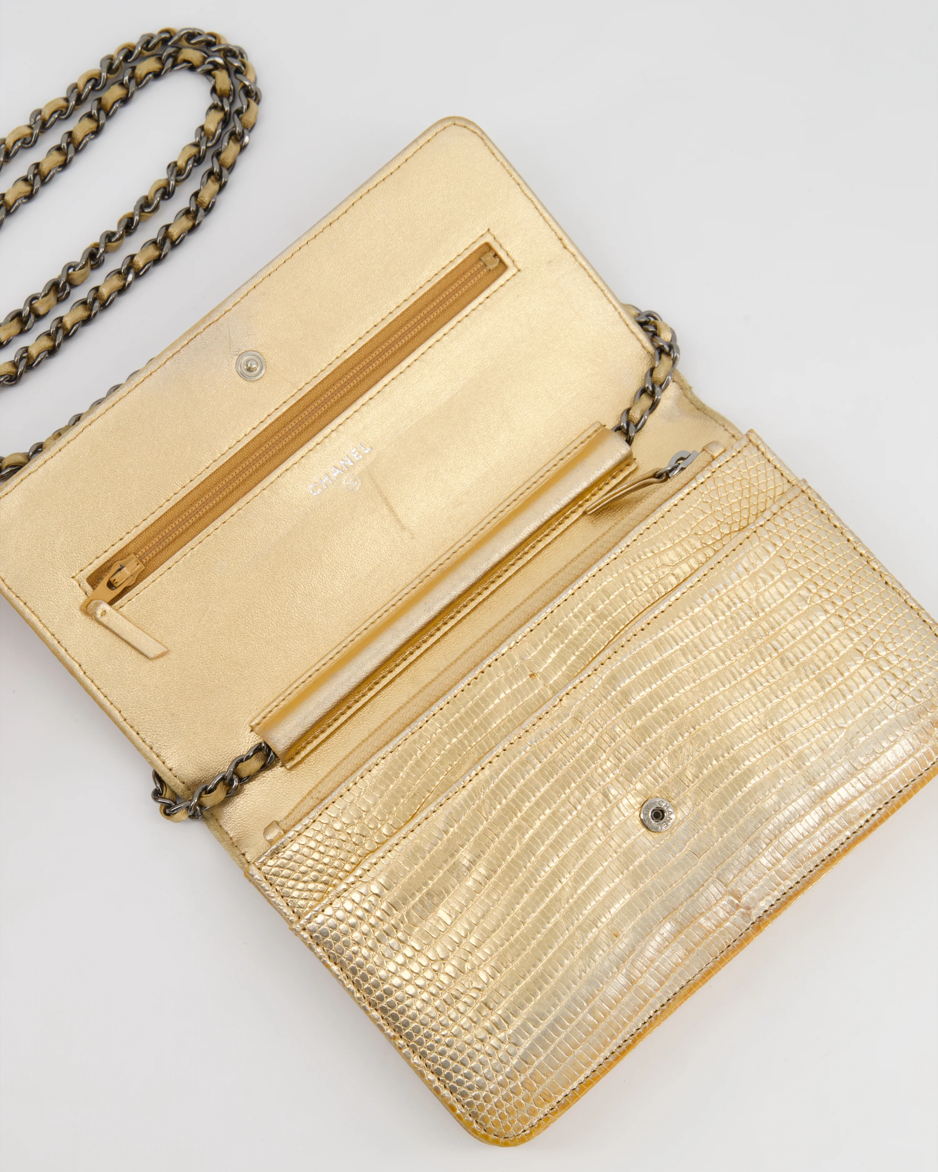 Chanel Metallic Gold Ombre Lizard Wallet on Chain Bag with Gun Metal Hardware - Image 20