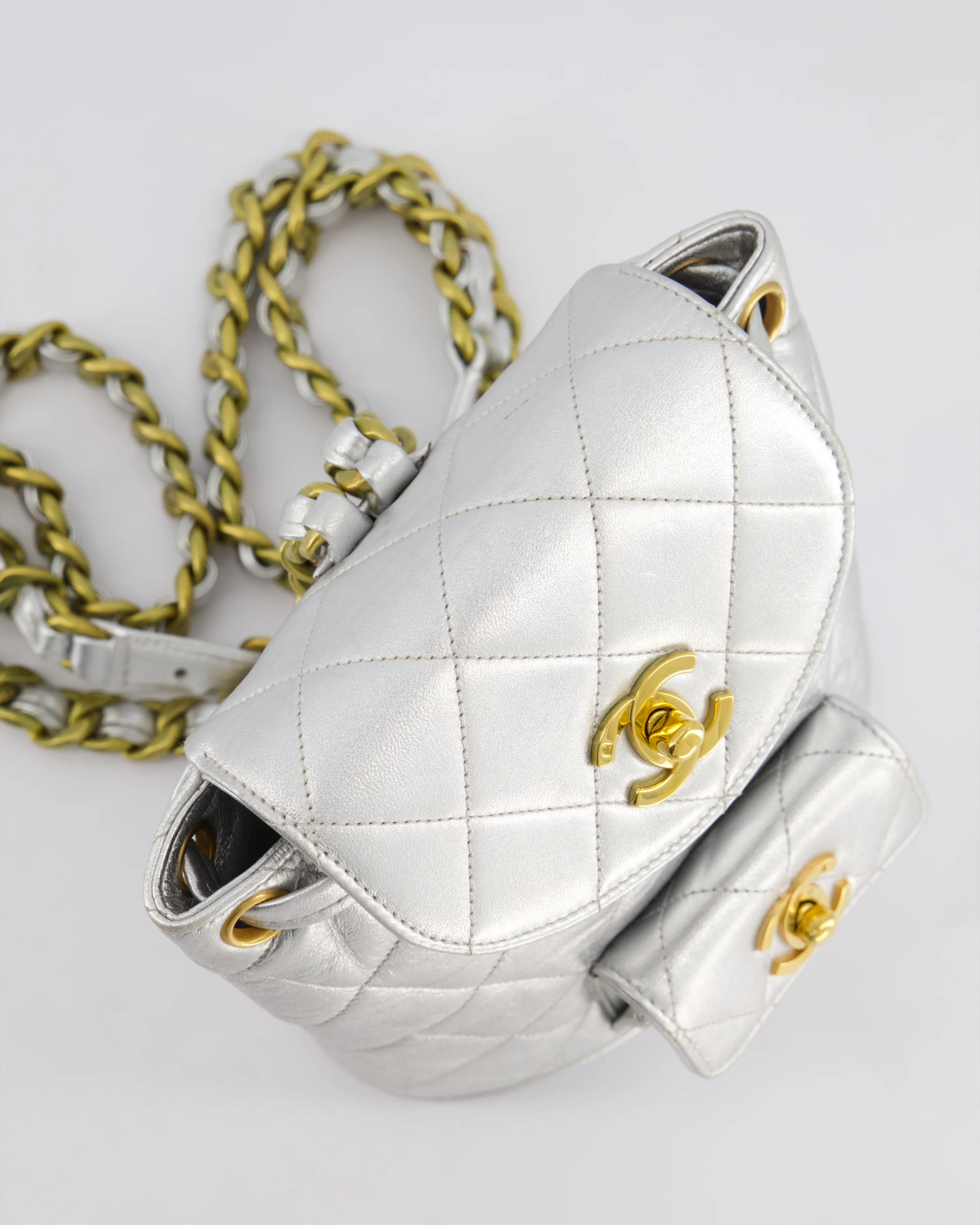*RARE* Chanel Metallic Silver Vintage Mini Duma Backpack Bag in Lambskin Leather with 24K Gold Hardware - Image 13