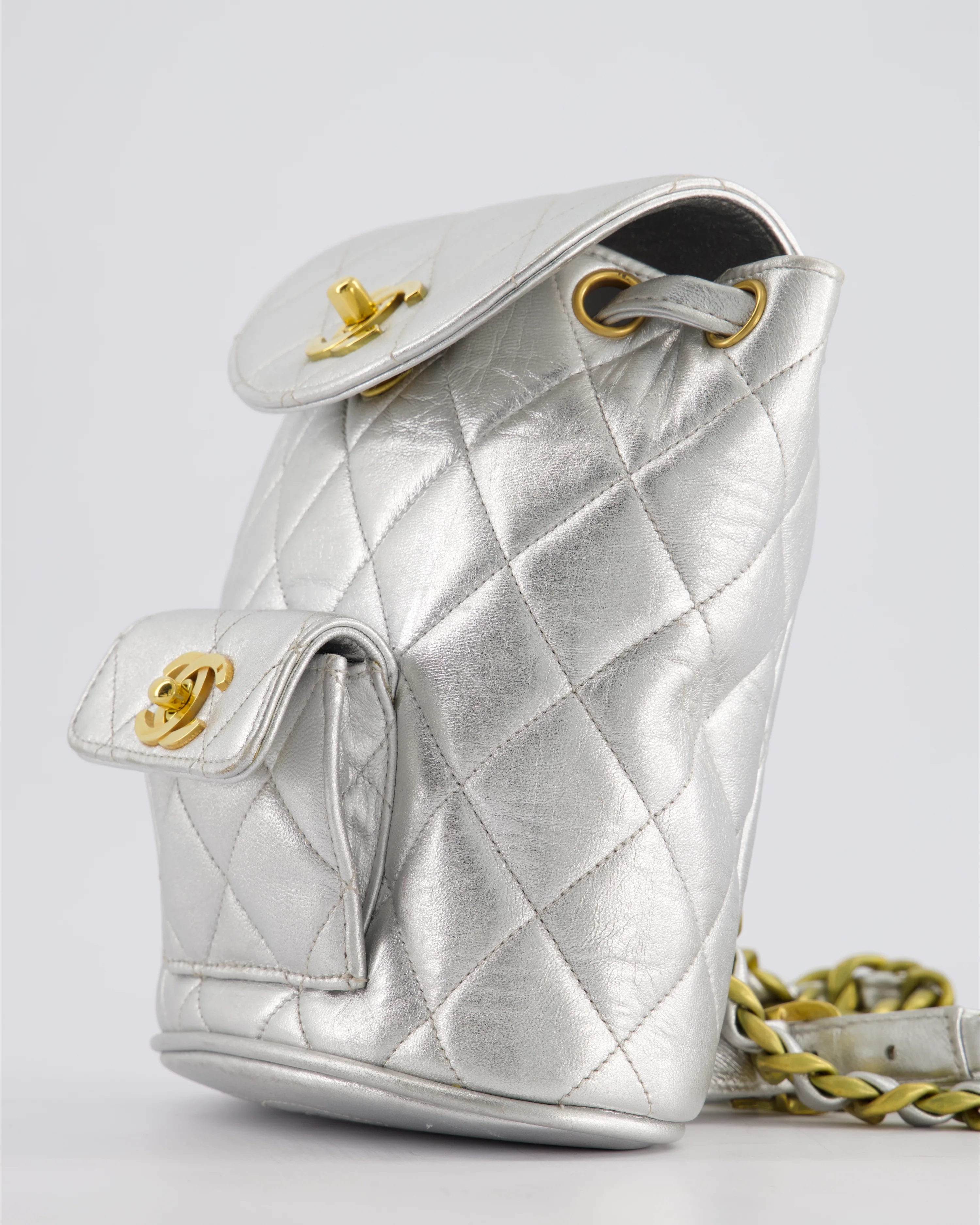 *RARE* Chanel Metallic Silver Vintage Mini Duma Backpack Bag in Lambskin Leather with 24K Gold Hardware - Image 15