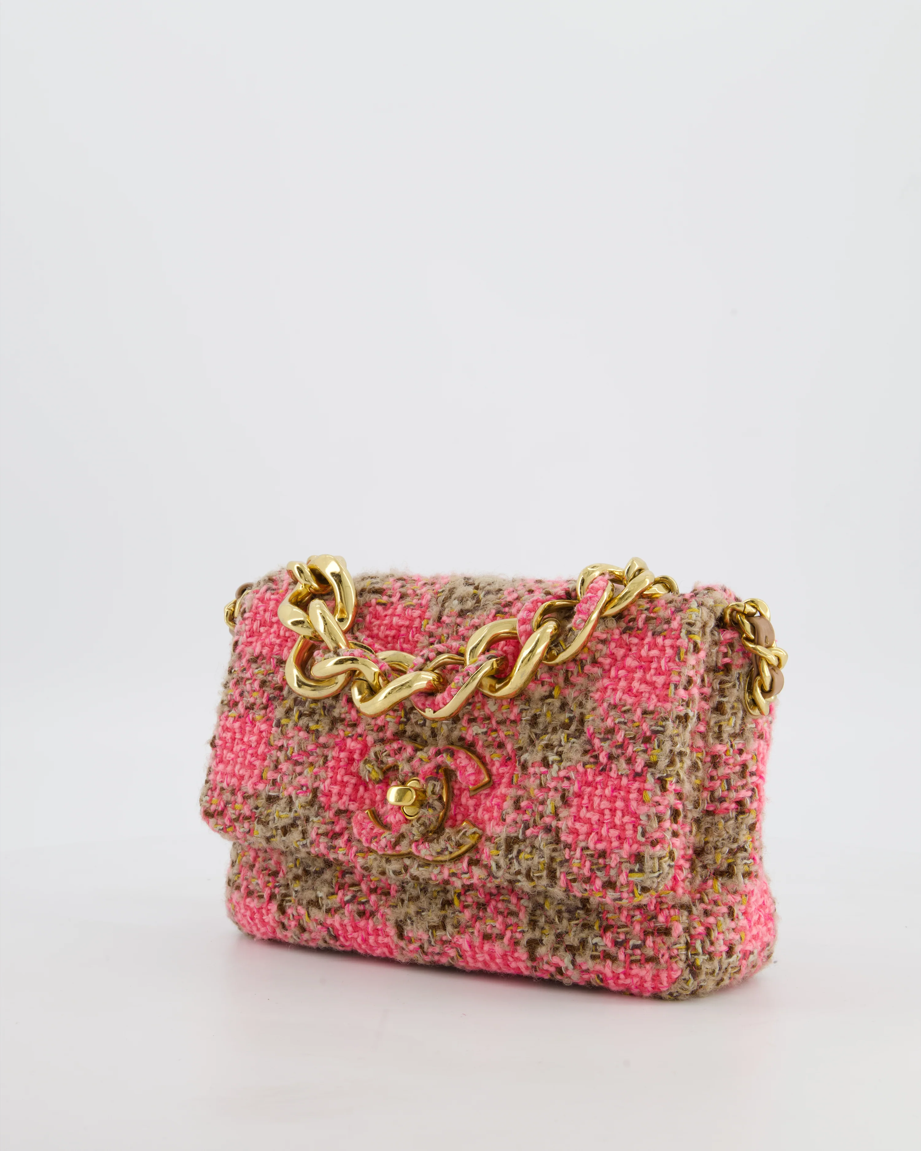 Chanel Mini 19 Flap Bag in Pink, Beige Check Tweed with Gold Hardware and Chunky Gold Chain Handle - Image 10