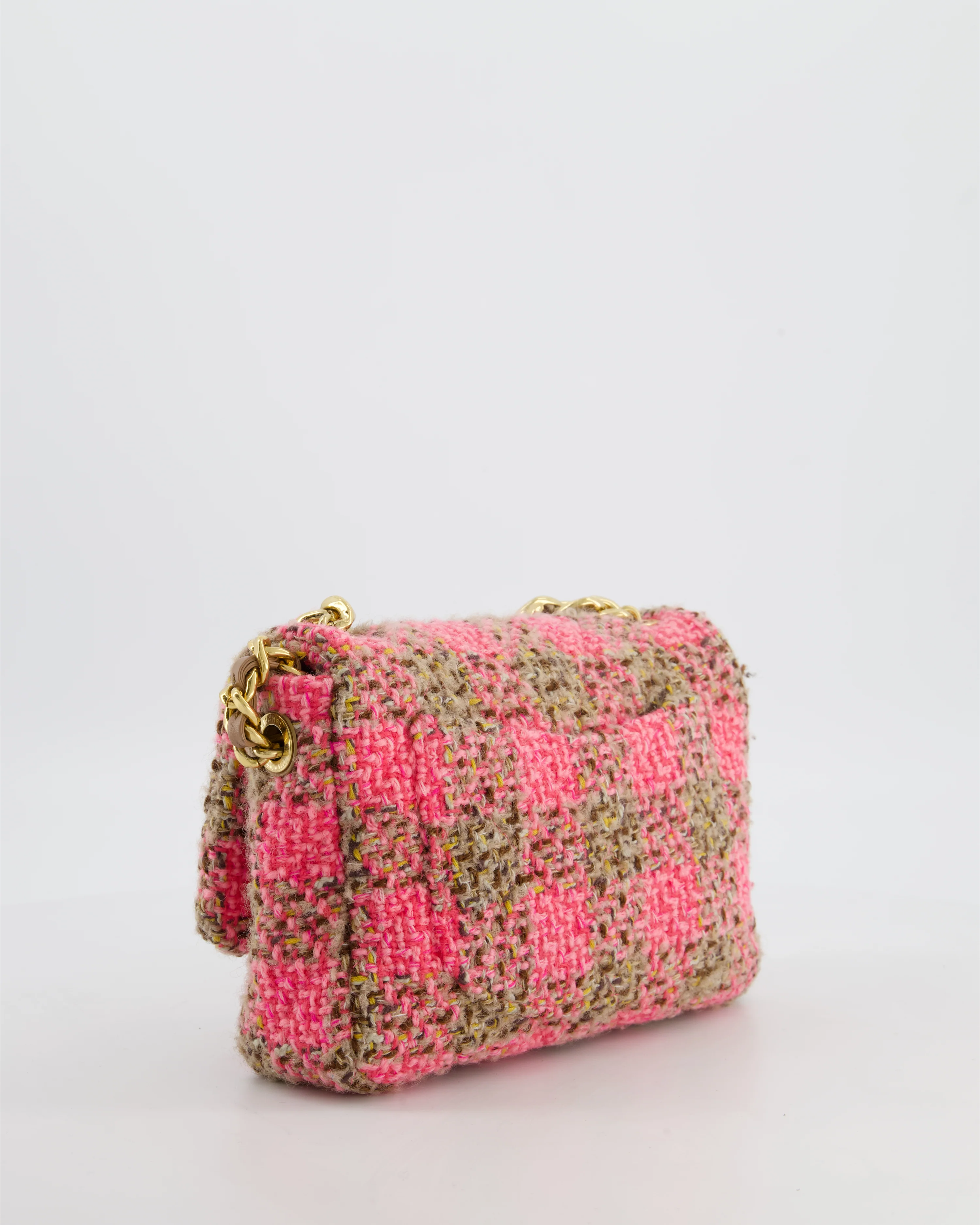 Chanel Mini 19 Flap Bag in Pink, Beige Check Tweed with Gold Hardware and Chunky Gold Chain Handle - Image 11