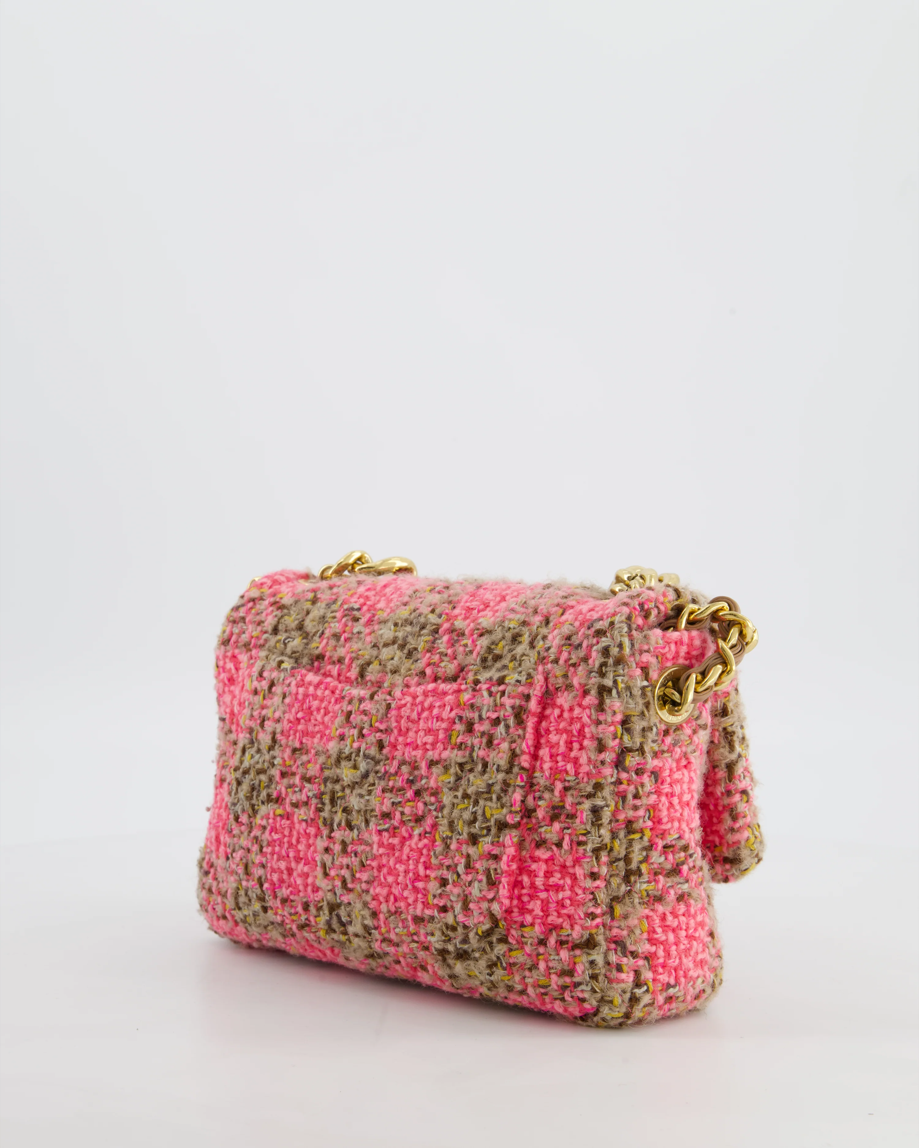 Chanel Mini 19 Flap Bag in Pink, Beige Check Tweed with Gold Hardware and Chunky Gold Chain Handle - Image 12