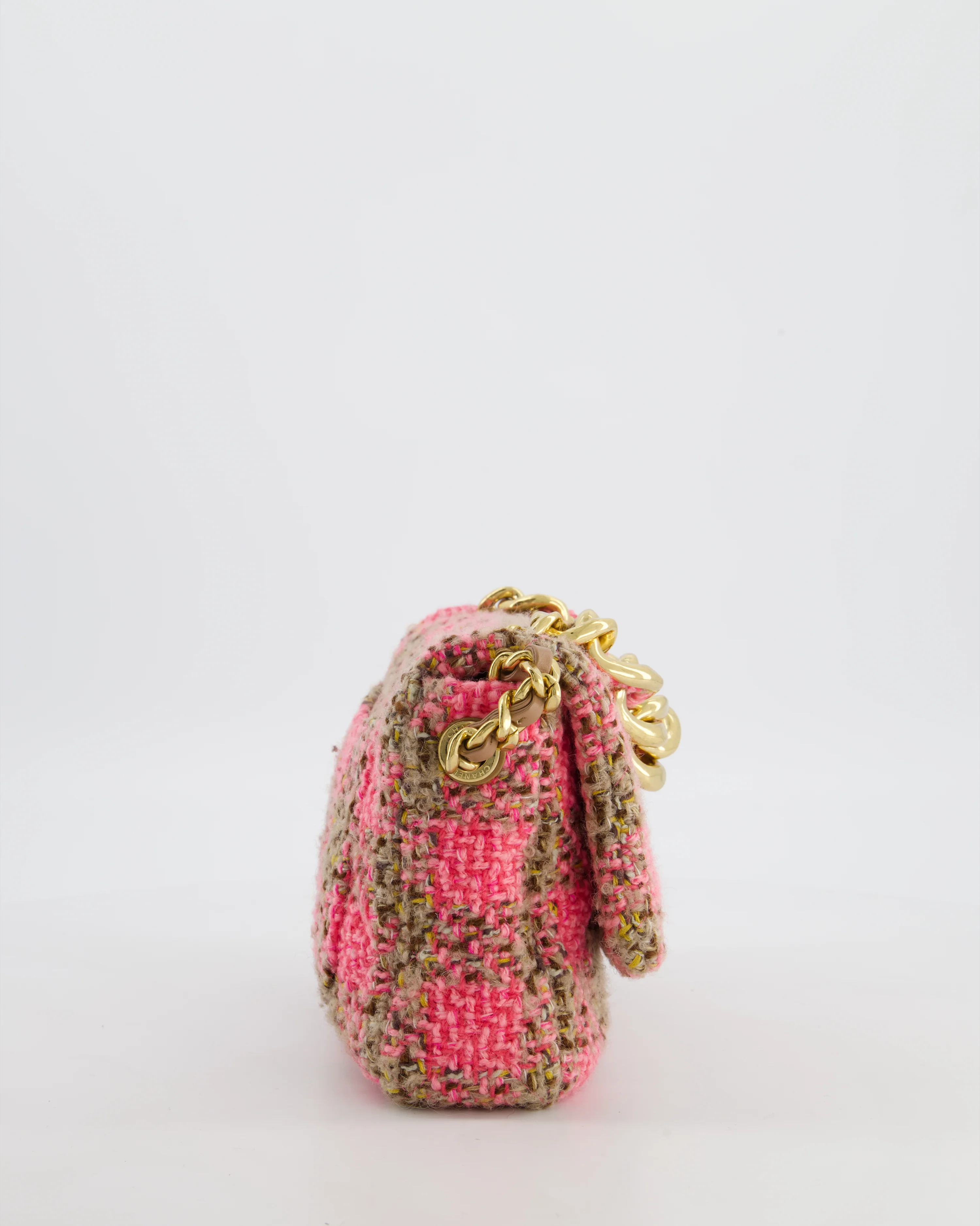 Chanel Mini 19 Flap Bag in Pink, Beige Check Tweed with Gold Hardware and Chunky Gold Chain Handle - Image 13