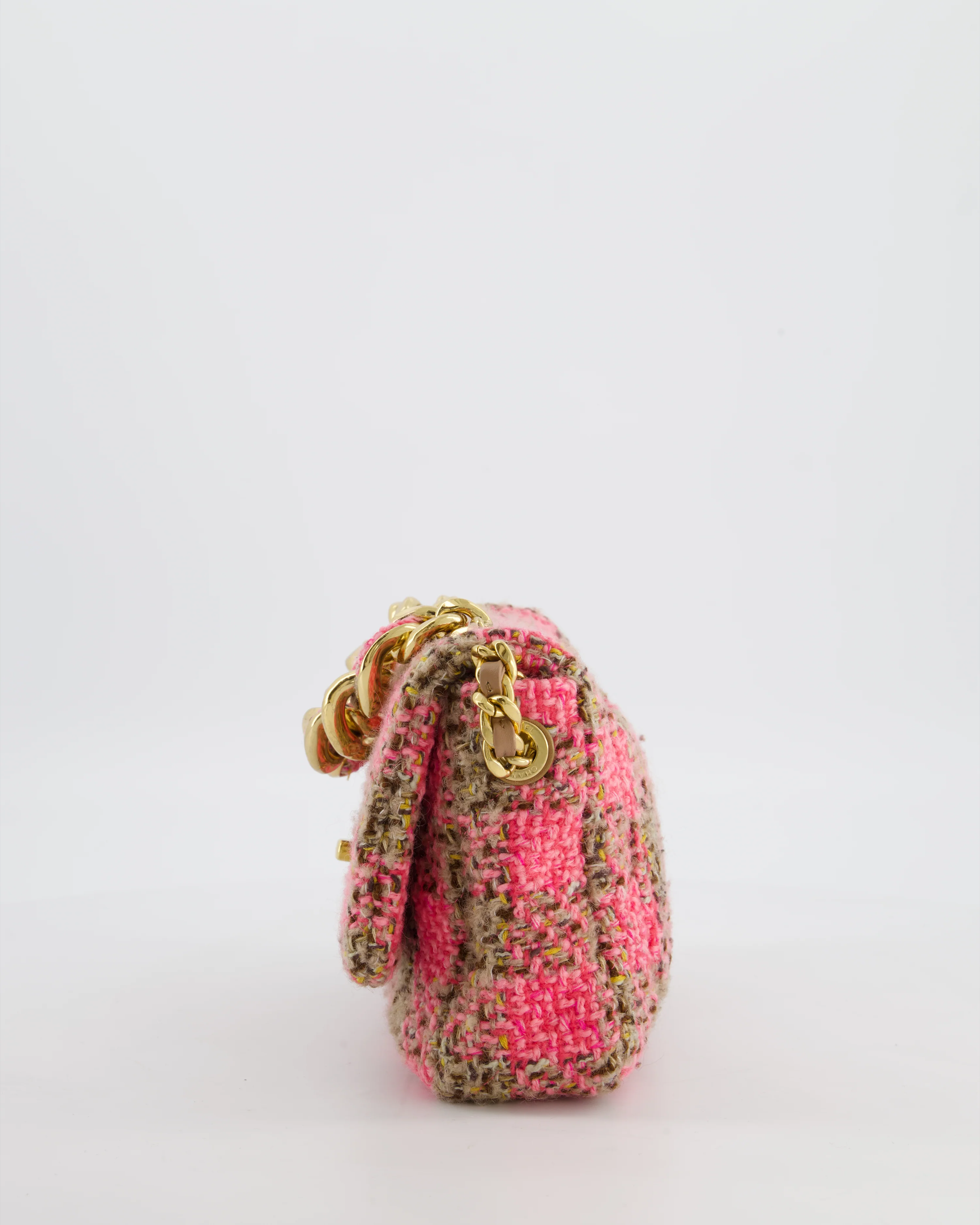Chanel Mini 19 Flap Bag in Pink, Beige Check Tweed with Gold Hardware and Chunky Gold Chain Handle - Image 14