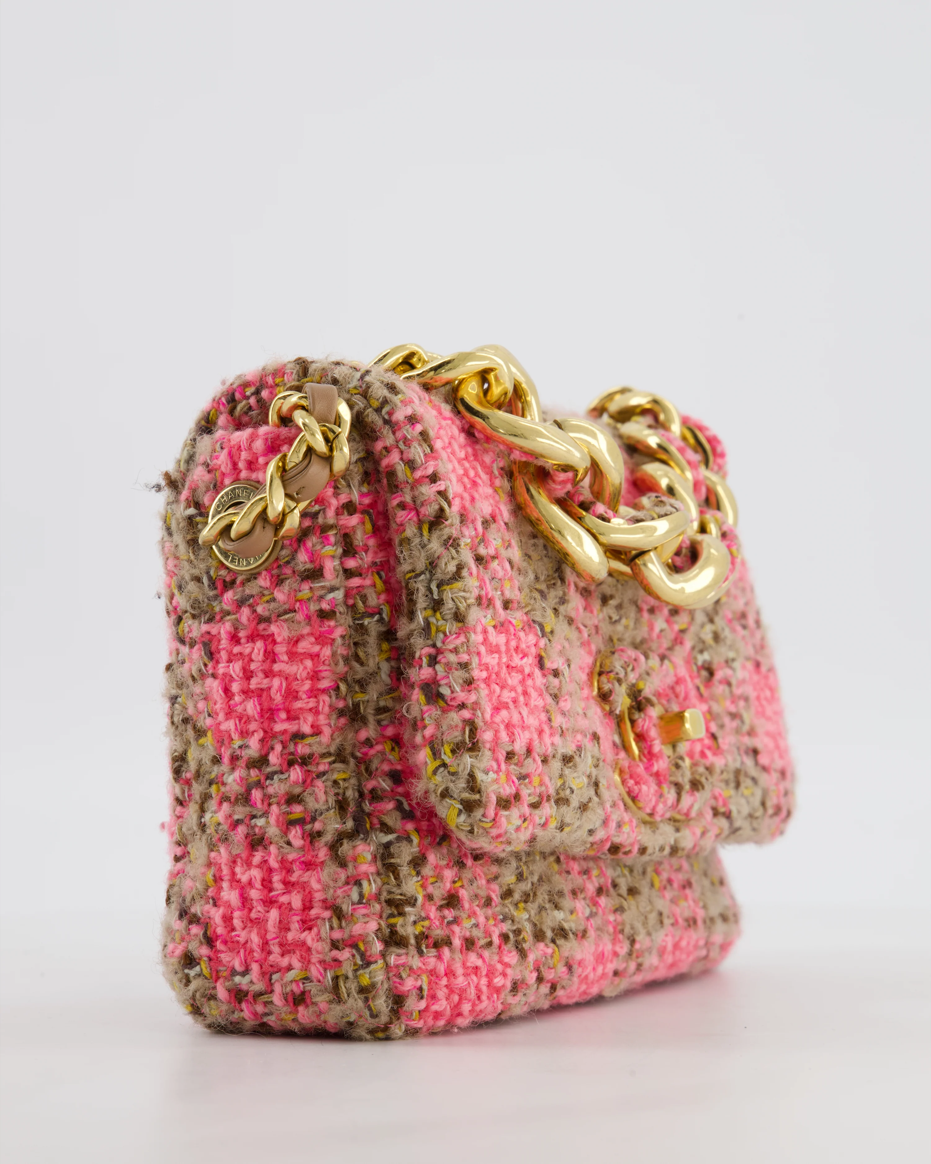 Chanel Mini 19 Flap Bag in Pink, Beige Check Tweed with Gold Hardware and Chunky Gold Chain Handle - Image 15