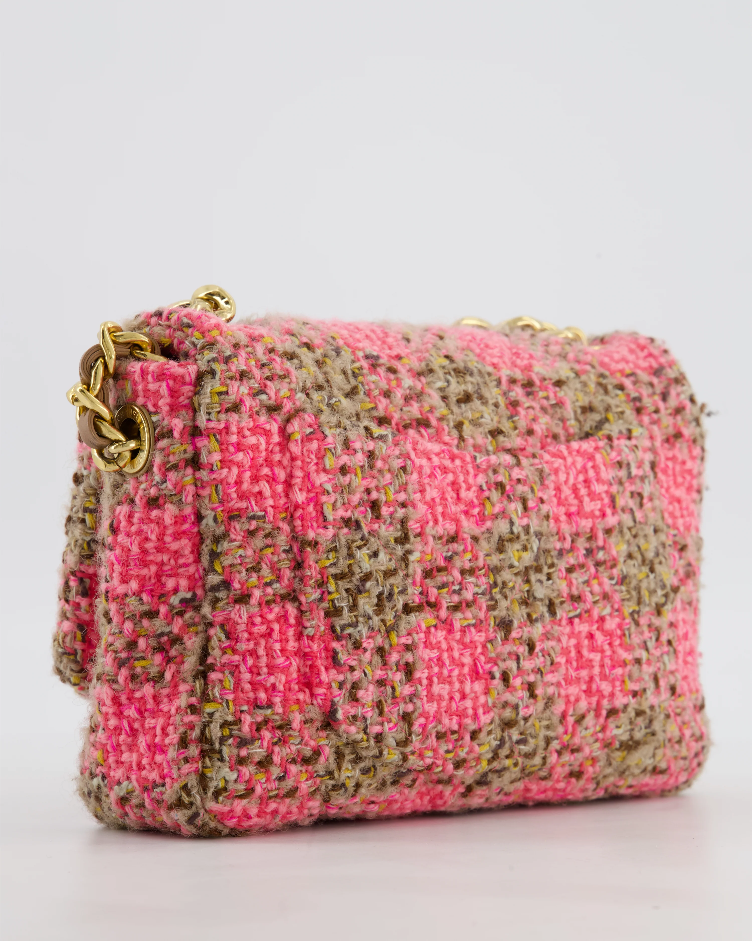Chanel Mini 19 Flap Bag in Pink, Beige Check Tweed with Gold Hardware and Chunky Gold Chain Handle - Image 17