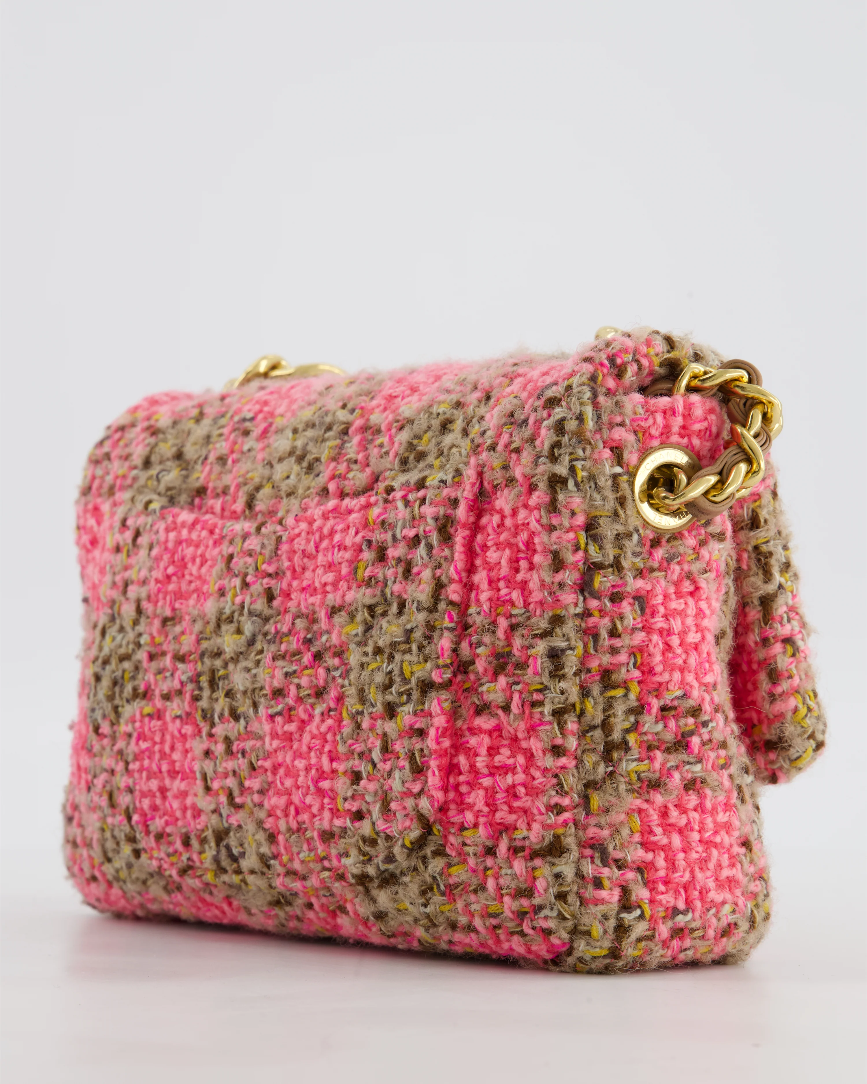 Chanel Mini 19 Flap Bag in Pink, Beige Check Tweed with Gold Hardware and Chunky Gold Chain Handle - Image 18