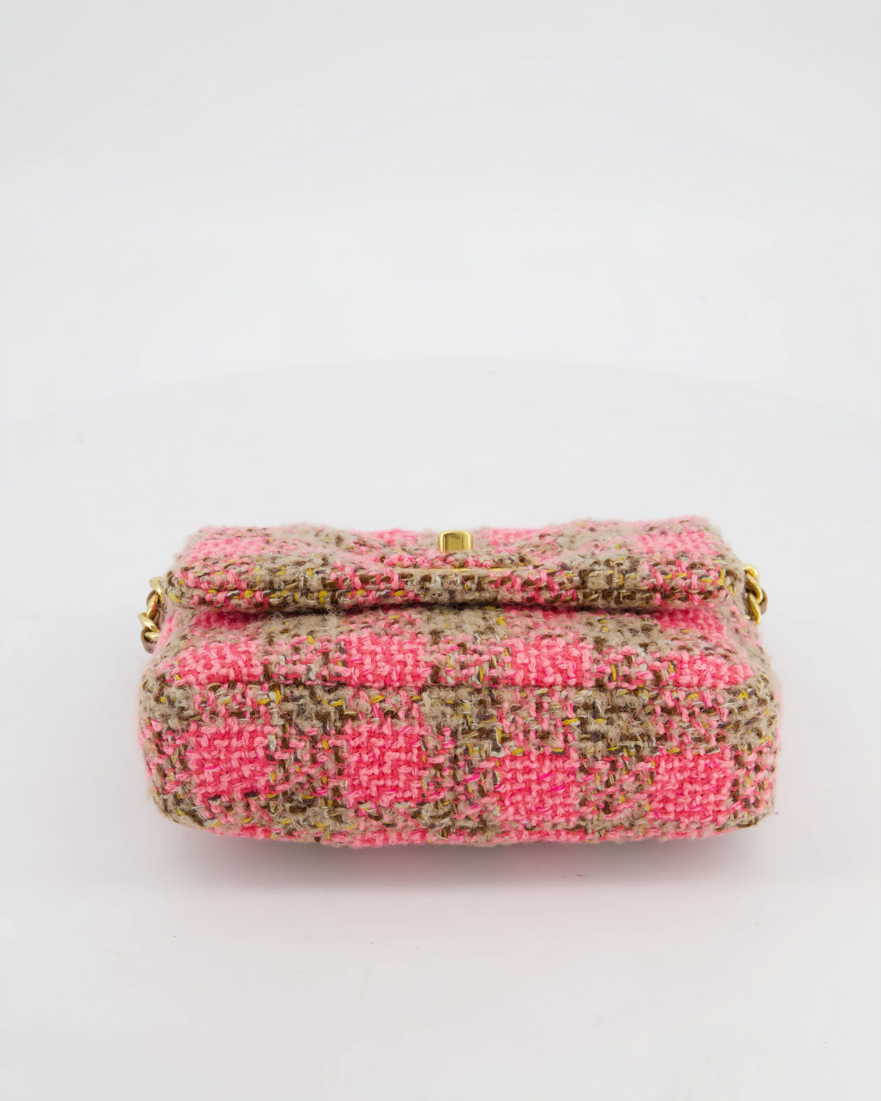 Chanel Mini 19 Flap Bag in Pink, Beige Check Tweed with Gold Hardware and Chunky Gold Chain Handle - Image 19