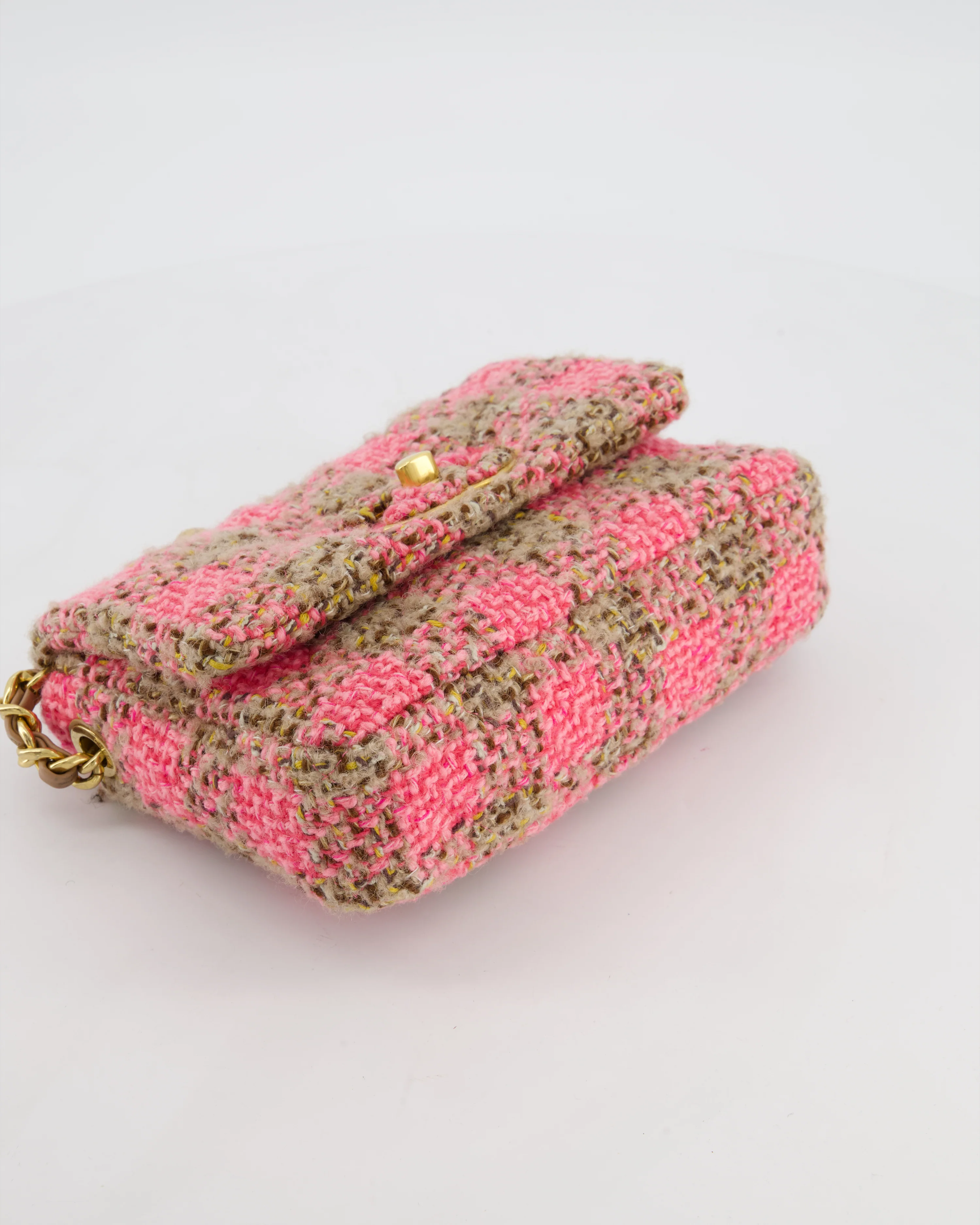 Chanel Mini 19 Flap Bag in Pink, Beige Check Tweed with Gold Hardware and Chunky Gold Chain Handle - Image 20
