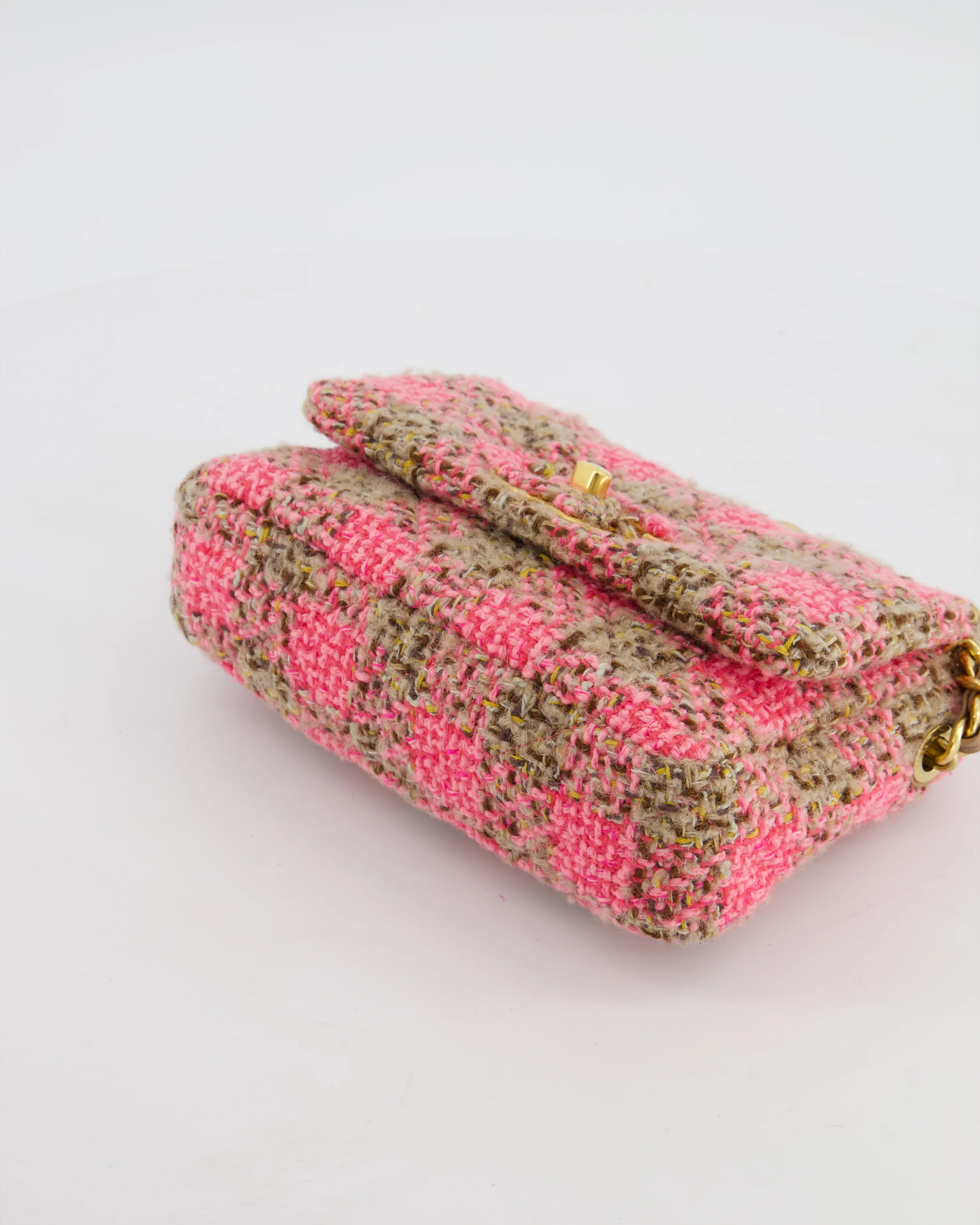Chanel Mini 19 Flap Bag in Pink, Beige Check Tweed with Gold Hardware and Chunky Gold Chain Handle - Image 21