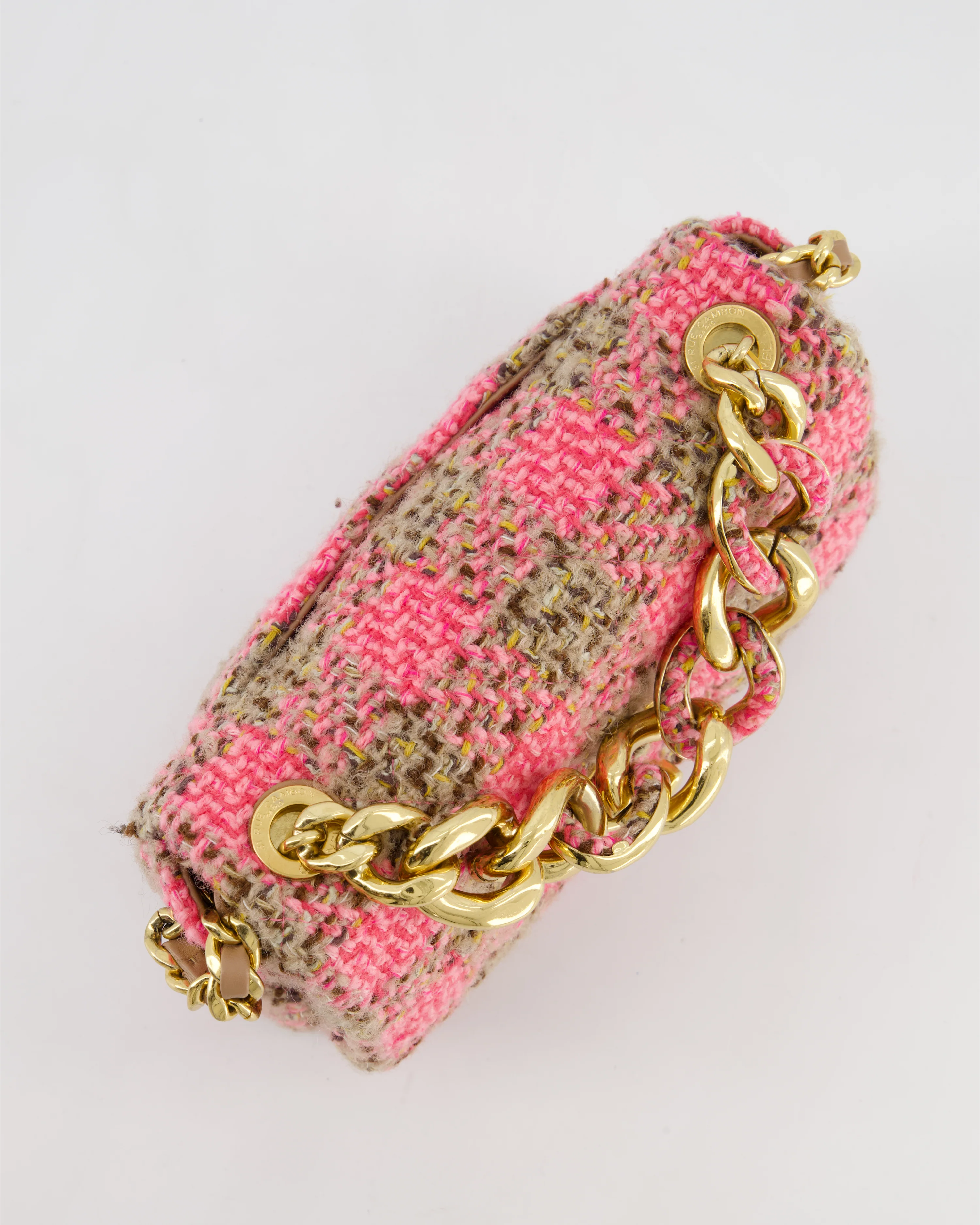 Chanel Mini 19 Flap Bag in Pink, Beige Check Tweed with Gold Hardware and Chunky Gold Chain Handle - Image 22